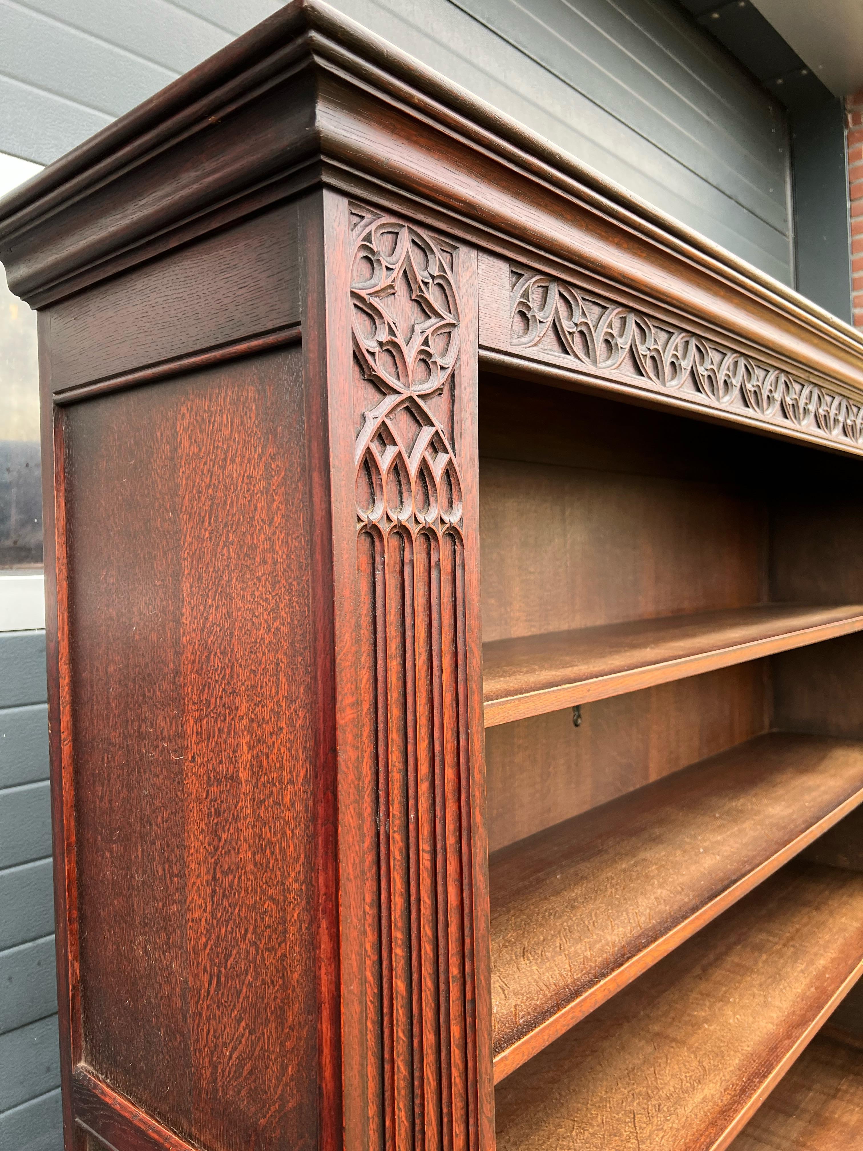 Stunning & Large Gothic Revival Hand Carved Oak Bookcase / Television Cabinet For Sale 8