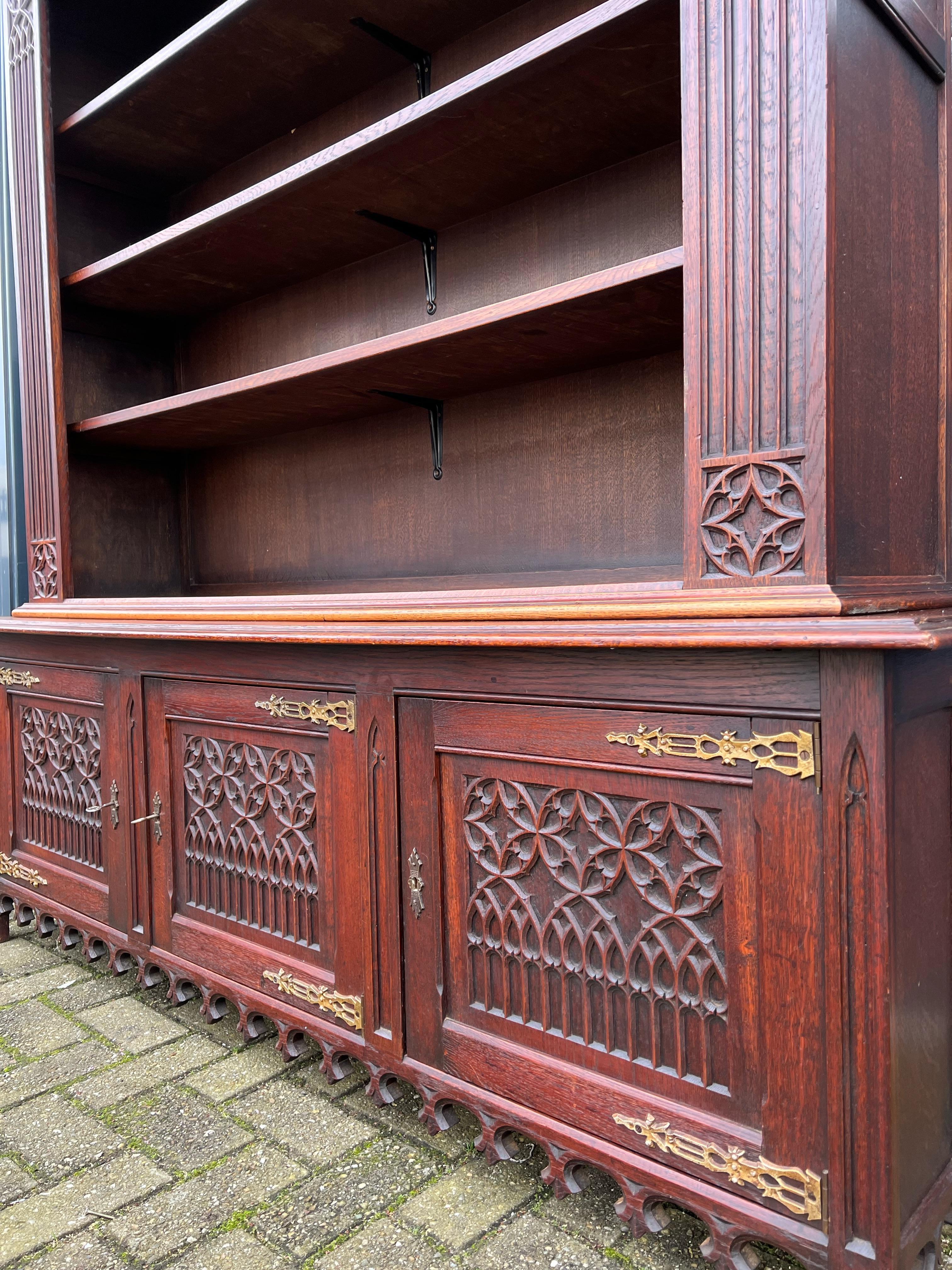 Dutch Stunning & Large Gothic Revival Hand Carved Oak Bookcase / Television Cabinet For Sale