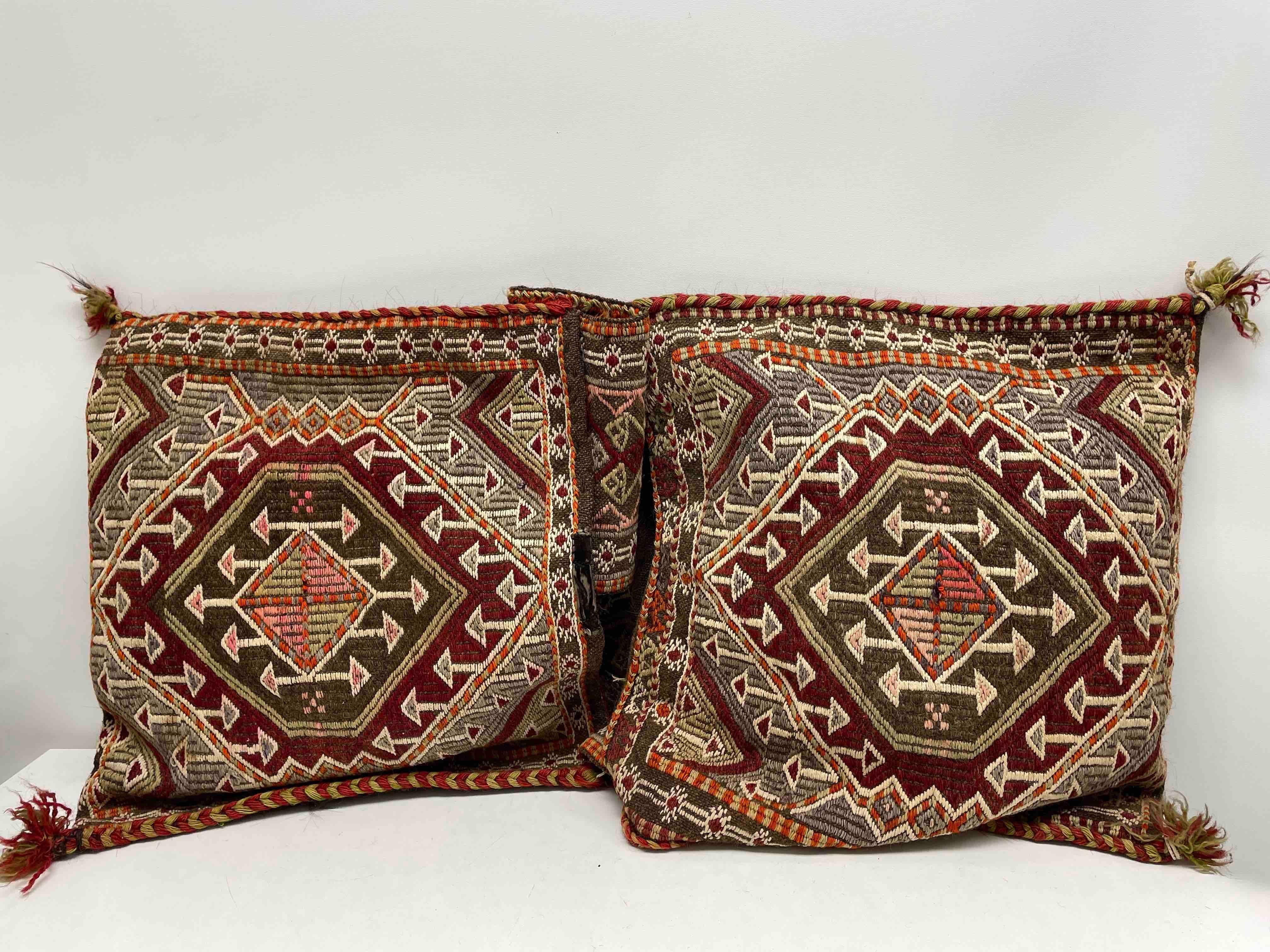 Gorgeous large Gypsy Turkish Arabic Oriental salt or Camel bag used as a pillow. Handmade of a woolen oriental Salt or Camel Bag. A nice decorative pillow in very good condition. Condition like seen in picture. Its in original condition, just put a