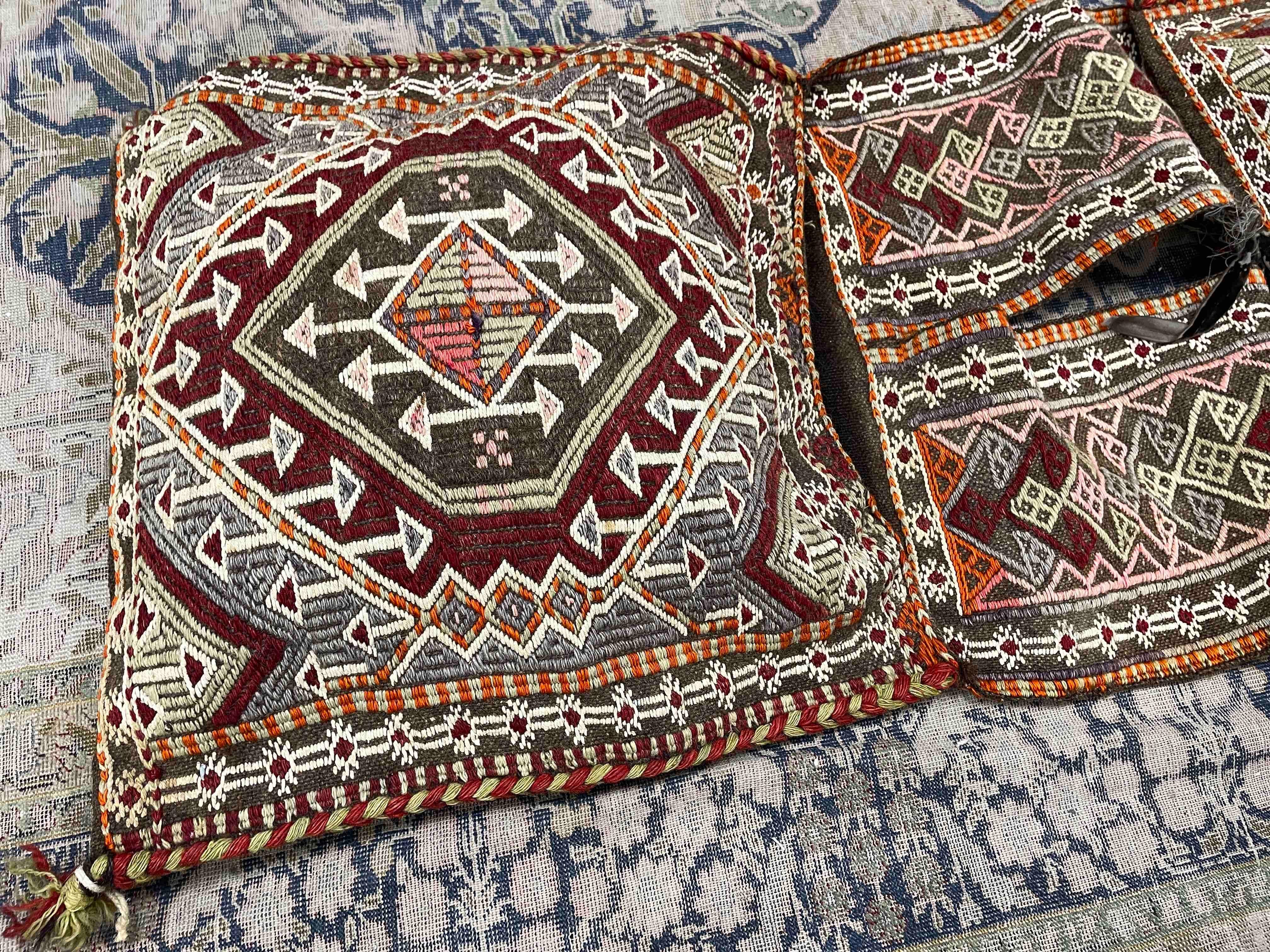 Stunning Large Gypsy Turkish Arabic Oriental Salt or Camel Bag Embroidery Pillow In Good Condition In Nuernberg, DE
