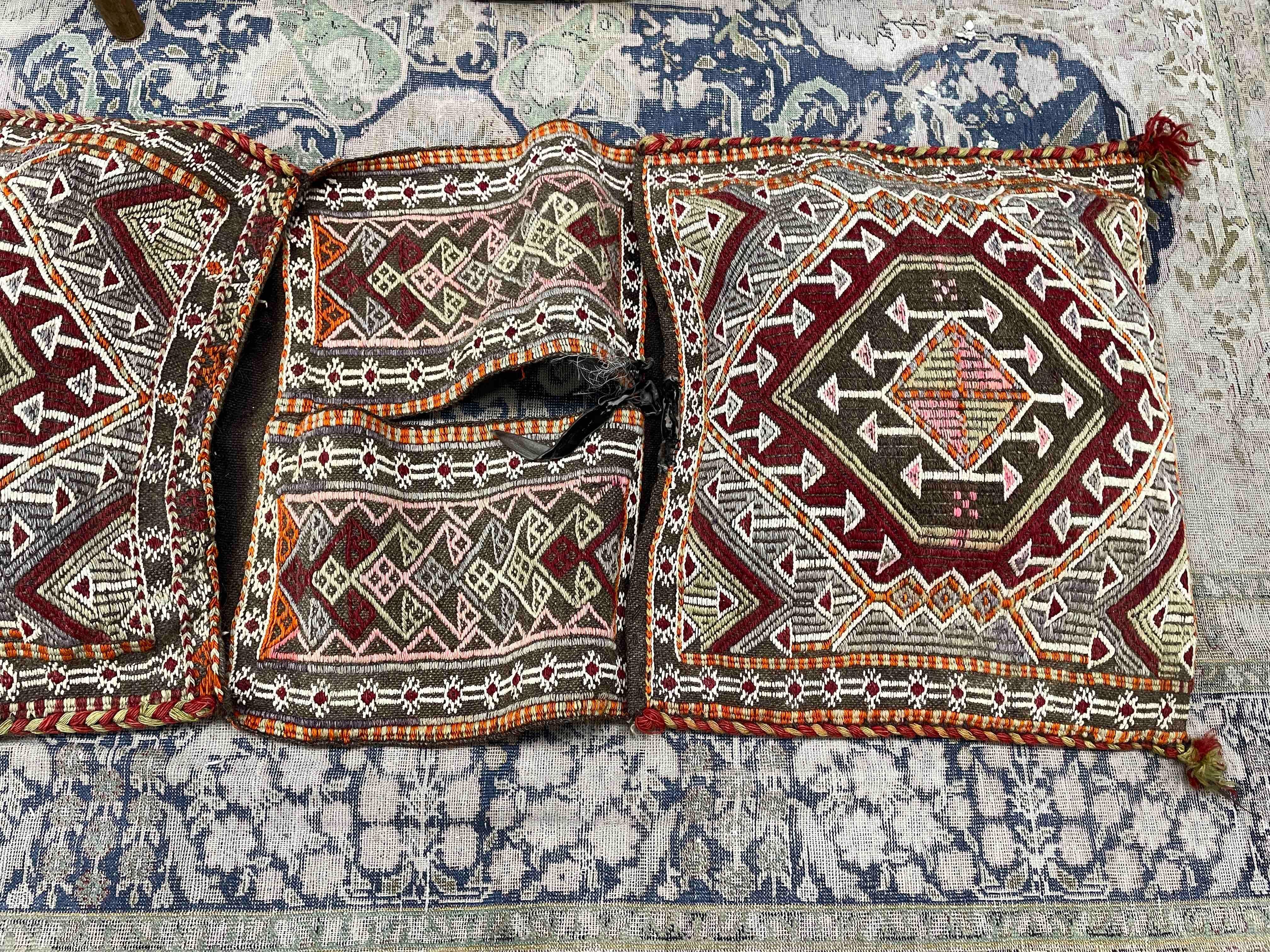 Mid-20th Century Stunning Large Gypsy Turkish Arabic Oriental Salt or Camel Bag Embroidery Pillow