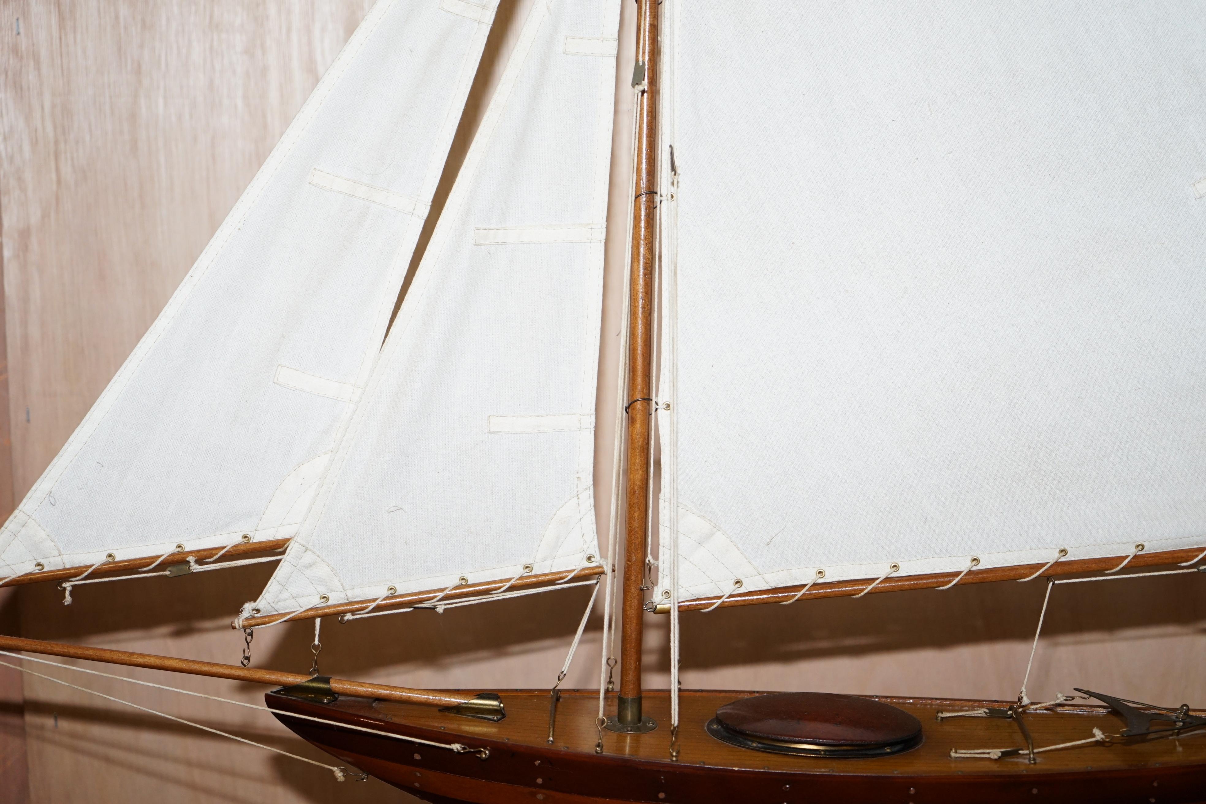 Stunning Large Hand Carved Wooden Model Boat Working Rudder Large Sails Nice 7