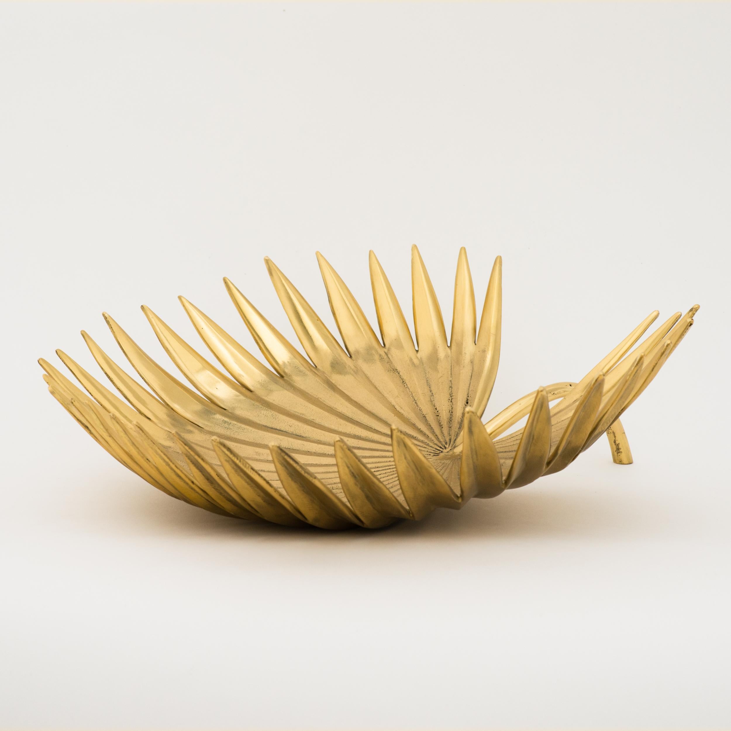 Indian Handmade Cast Brass Palm Tree Leaf Decorative Sculpture Bowl, Large For Sale