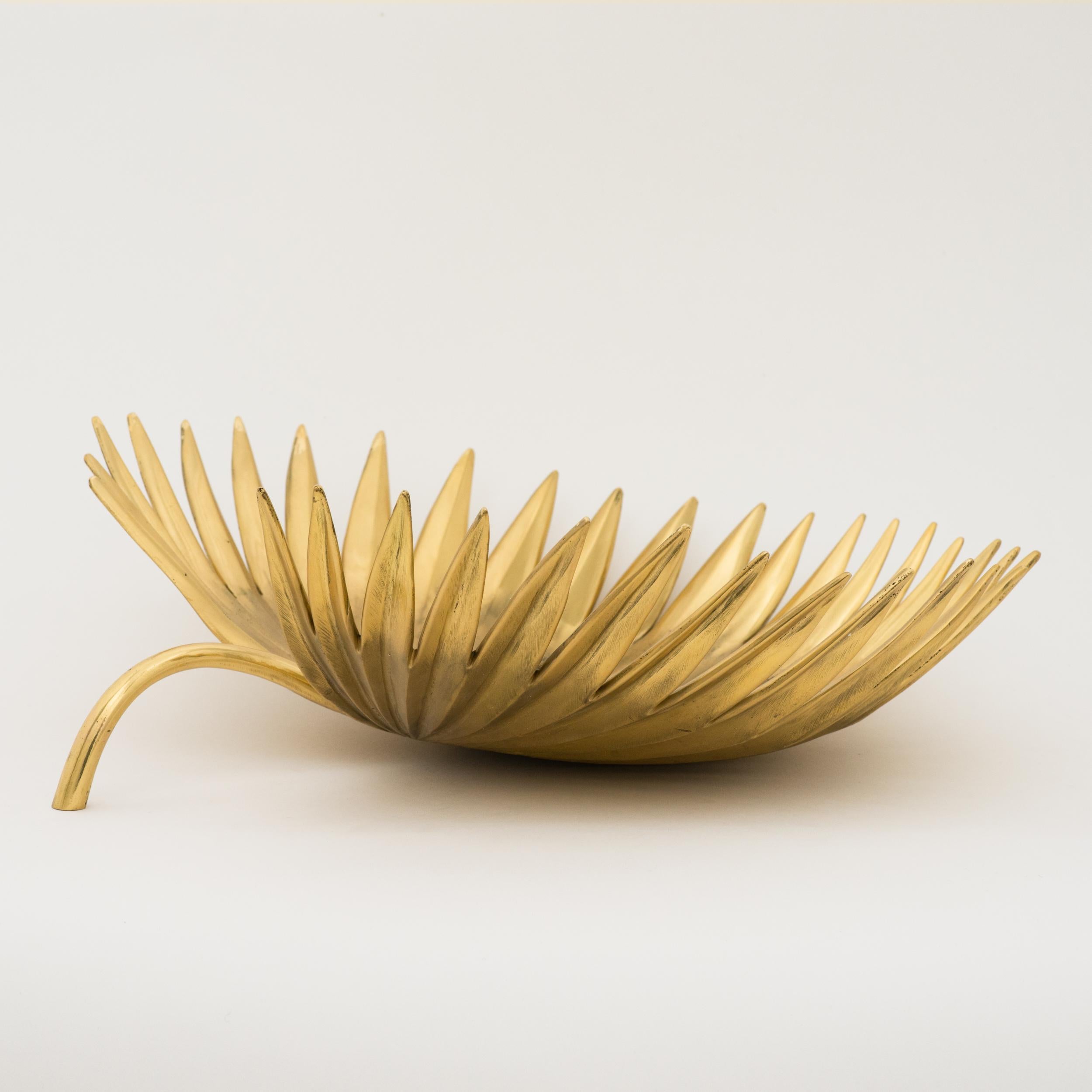 Contemporary Handmade Cast Brass Palm Tree Leaf Decorative Sculpture Bowl, Large For Sale