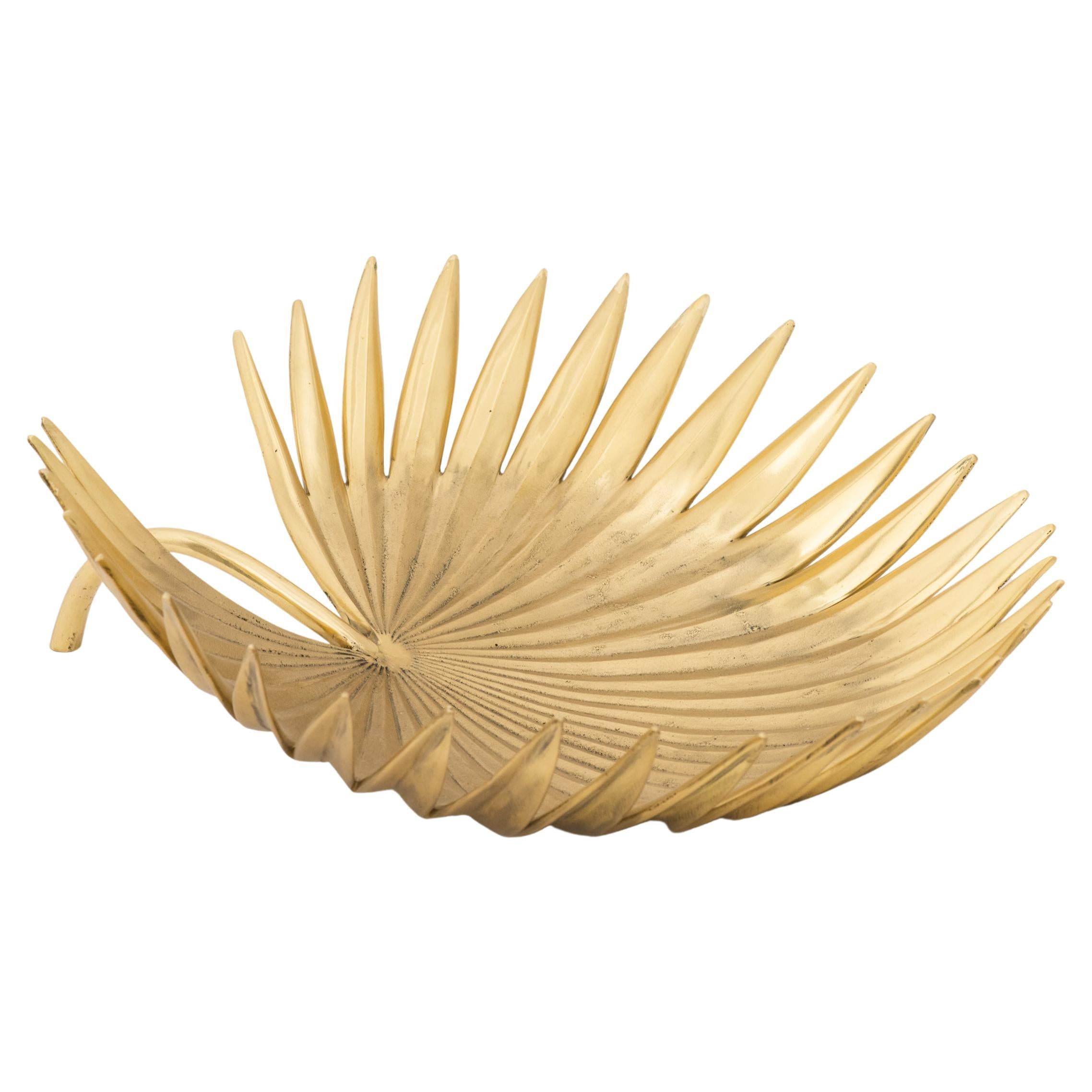 Handmade Cast Brass Palm Tree Leaf Decorative Sculpture Bowl, Large