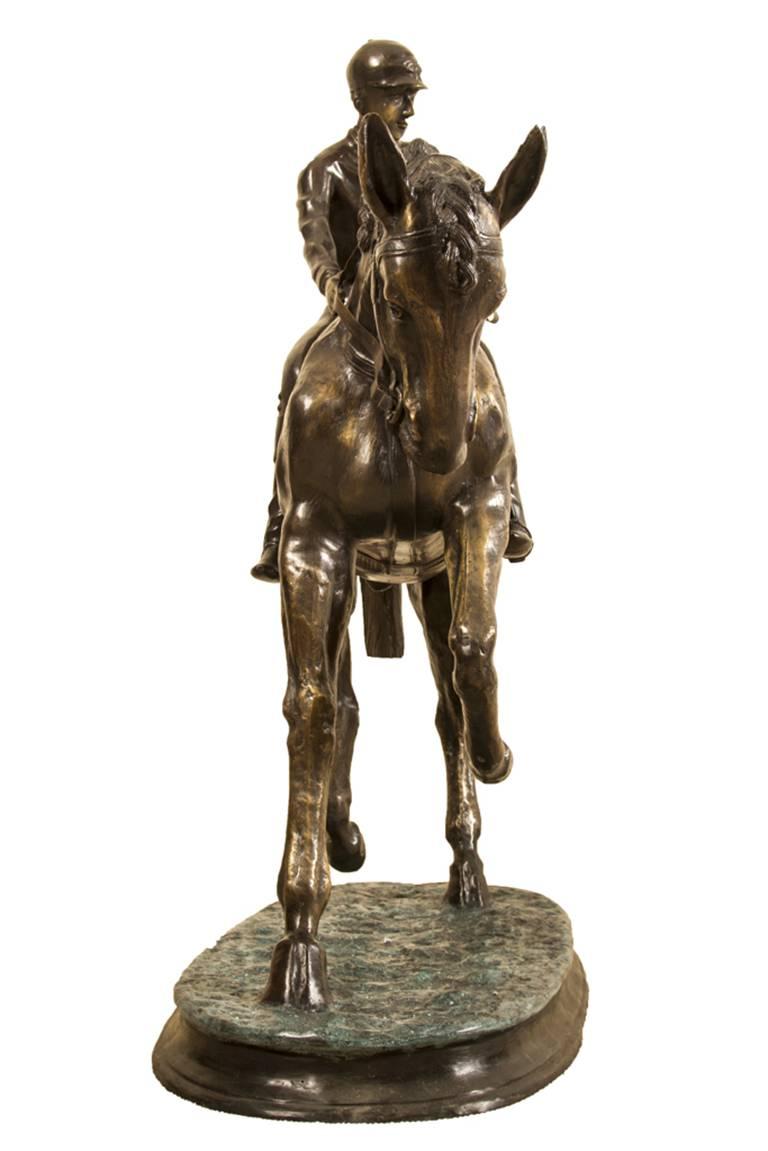 This is a stunning large bronze sculpture of a horse and jockey dating from the last quarter of the 20th century.

The sculpture features beautifully definition and detail and bearing the replica signature of Pierre Jules Mene.

This high quality