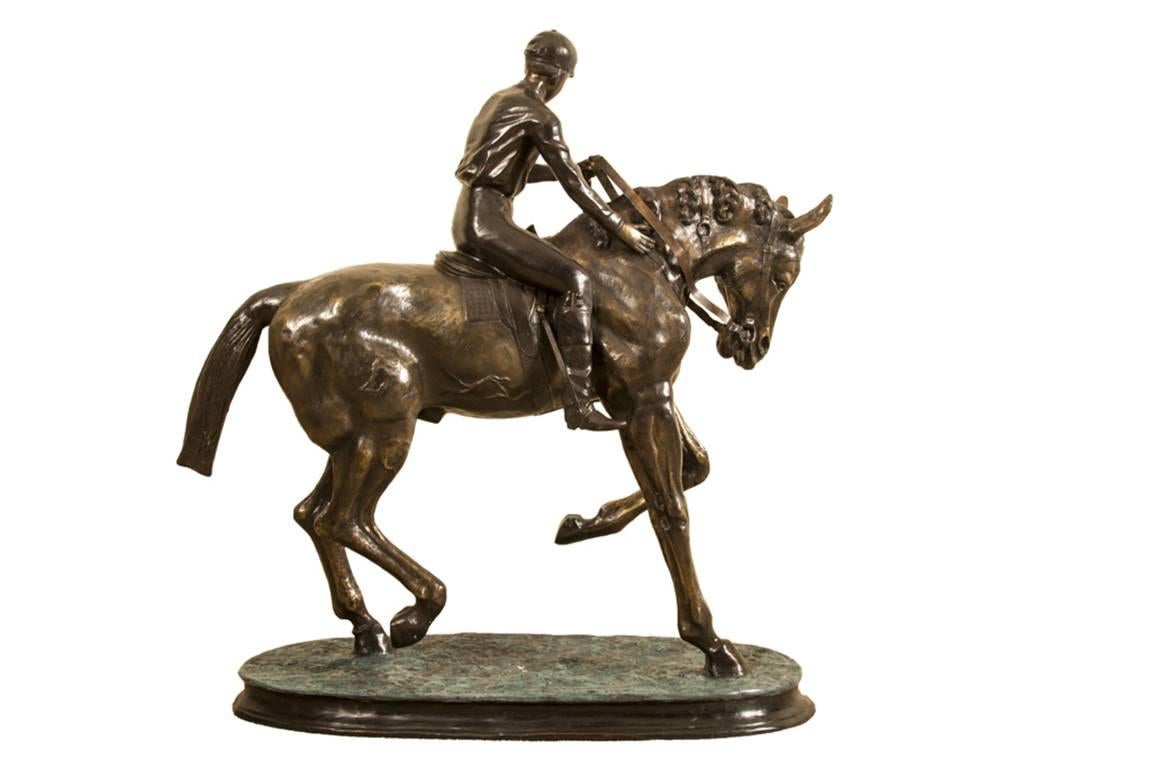 French Stunning Large Horse and Jockey Bronze Sculpture, Mene