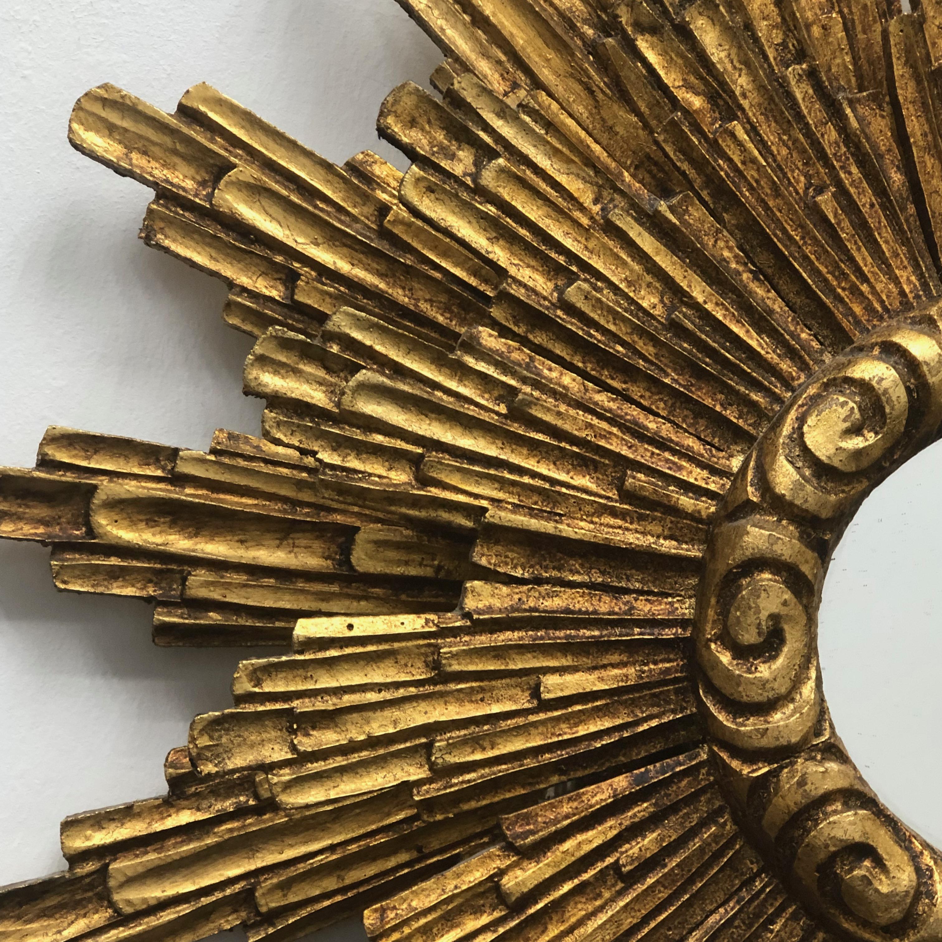 Giltwood Stunning Large illuminated Starburst Sunburst Gilded Wood Mirror Wall Lamp 1950s