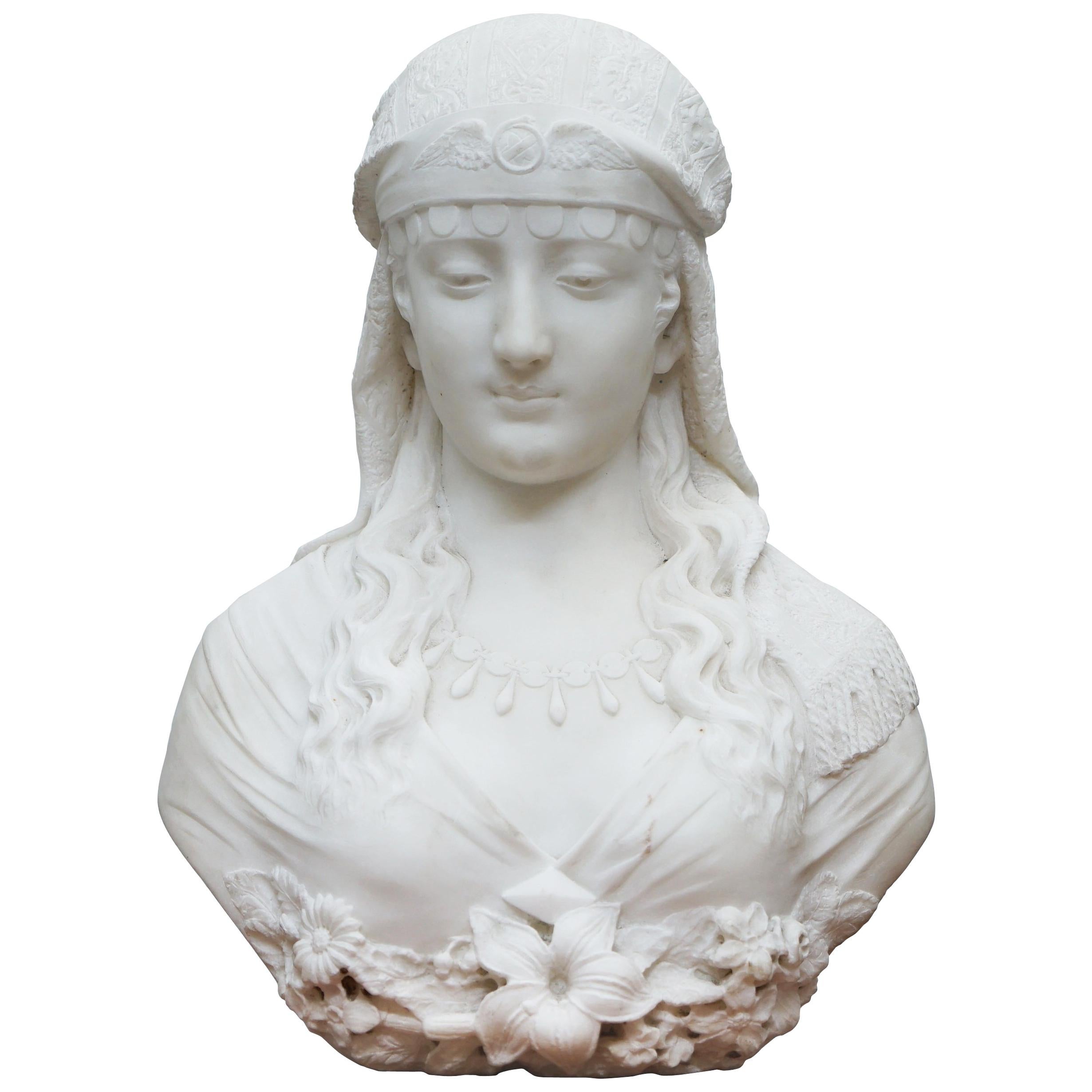 Stunning Large Italian 19th Century White Marble Bust of a Maiden Classic Pose