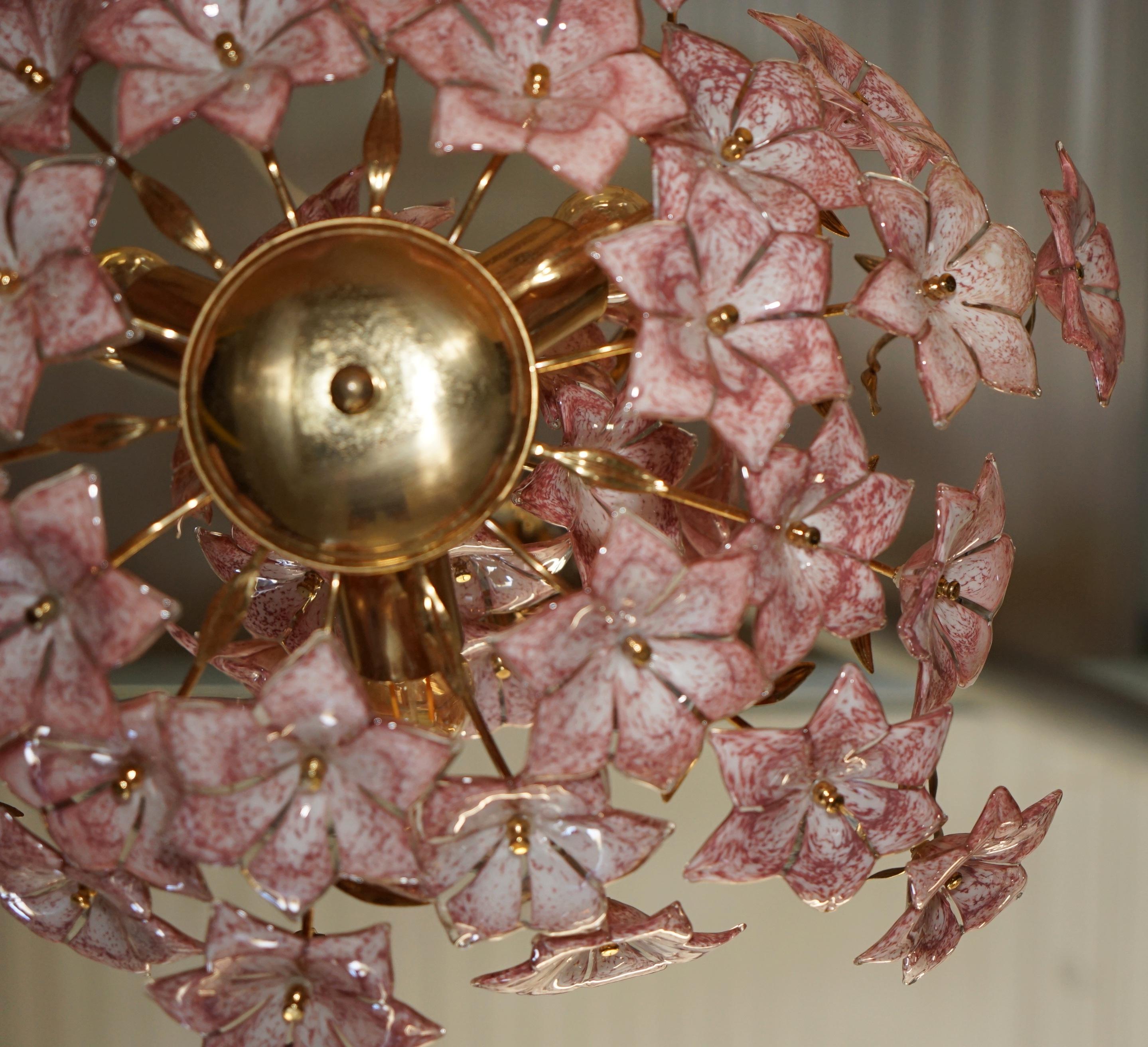 STUNNING LARGE ITALIAN MURANO ROSE GLASS MiD CENTURY MODERN FLORAL CHANDELIER For Sale 7