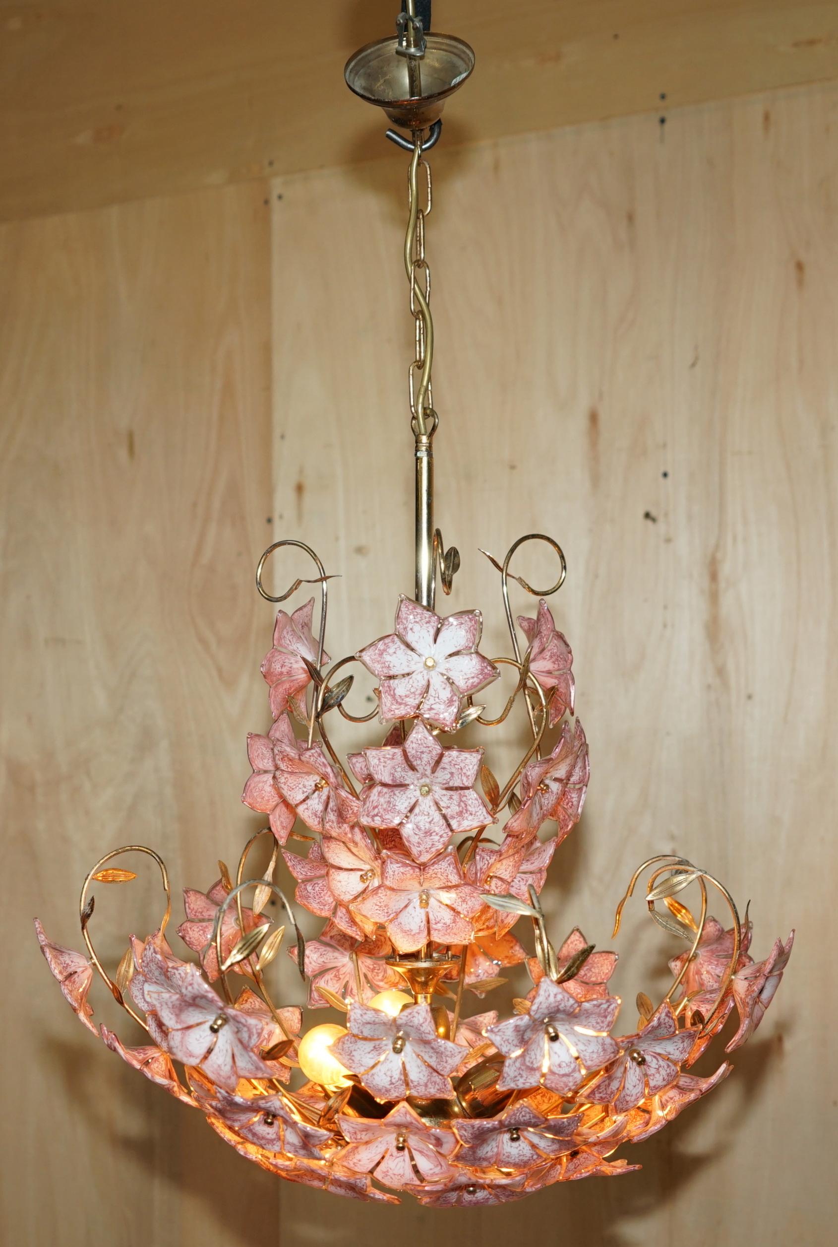 Hand-Crafted STUNNING LARGE ITALIAN MURANO ROSE GLASS MiD CENTURY MODERN FLORAL CHANDELIER For Sale
