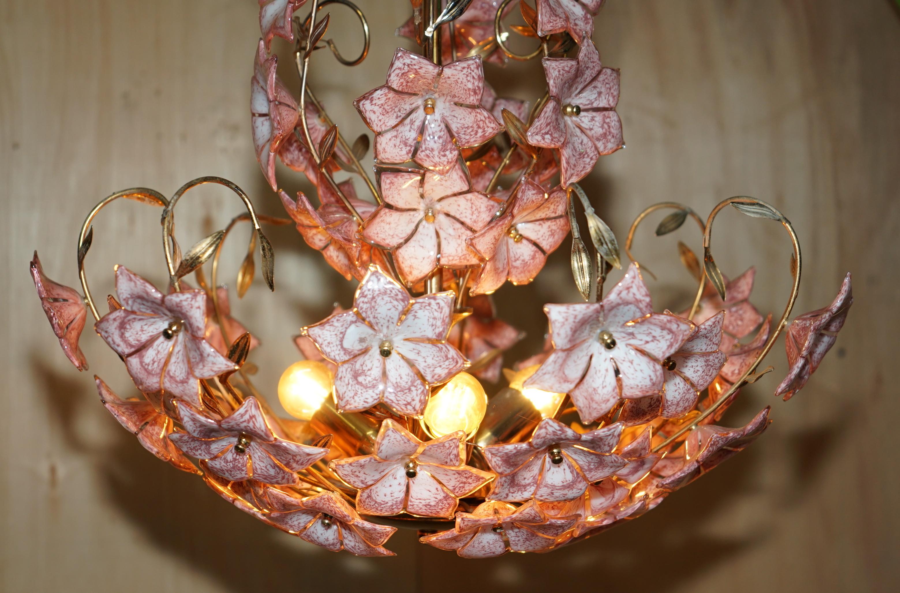 Glass STUNNING LARGE ITALIAN MURANO ROSE GLASS MiD CENTURY MODERN FLORAL CHANDELIER For Sale