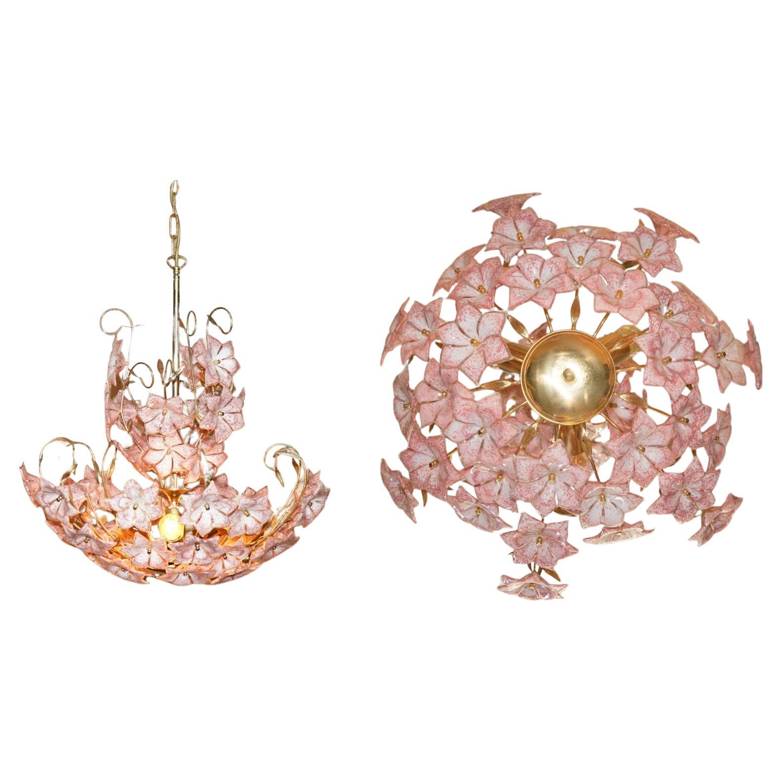 STUNNING LARGE ITALIAN MURANO ROSE GLASS MiD CENTURY MODERN FLORAL CHANDELIER