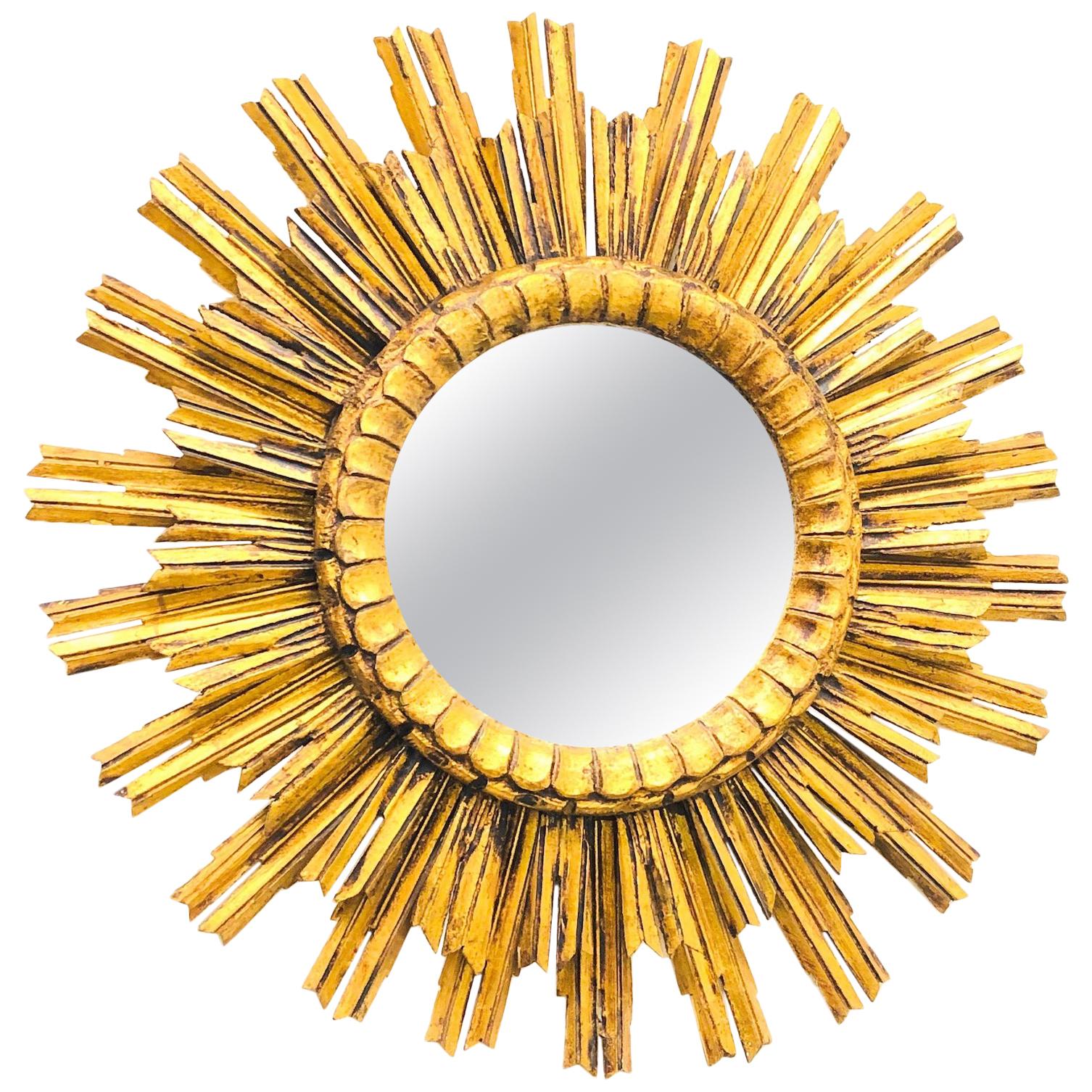 Stunning Large Italian Starburst Sunburst Gilded Wood Mirror, circa 1910s