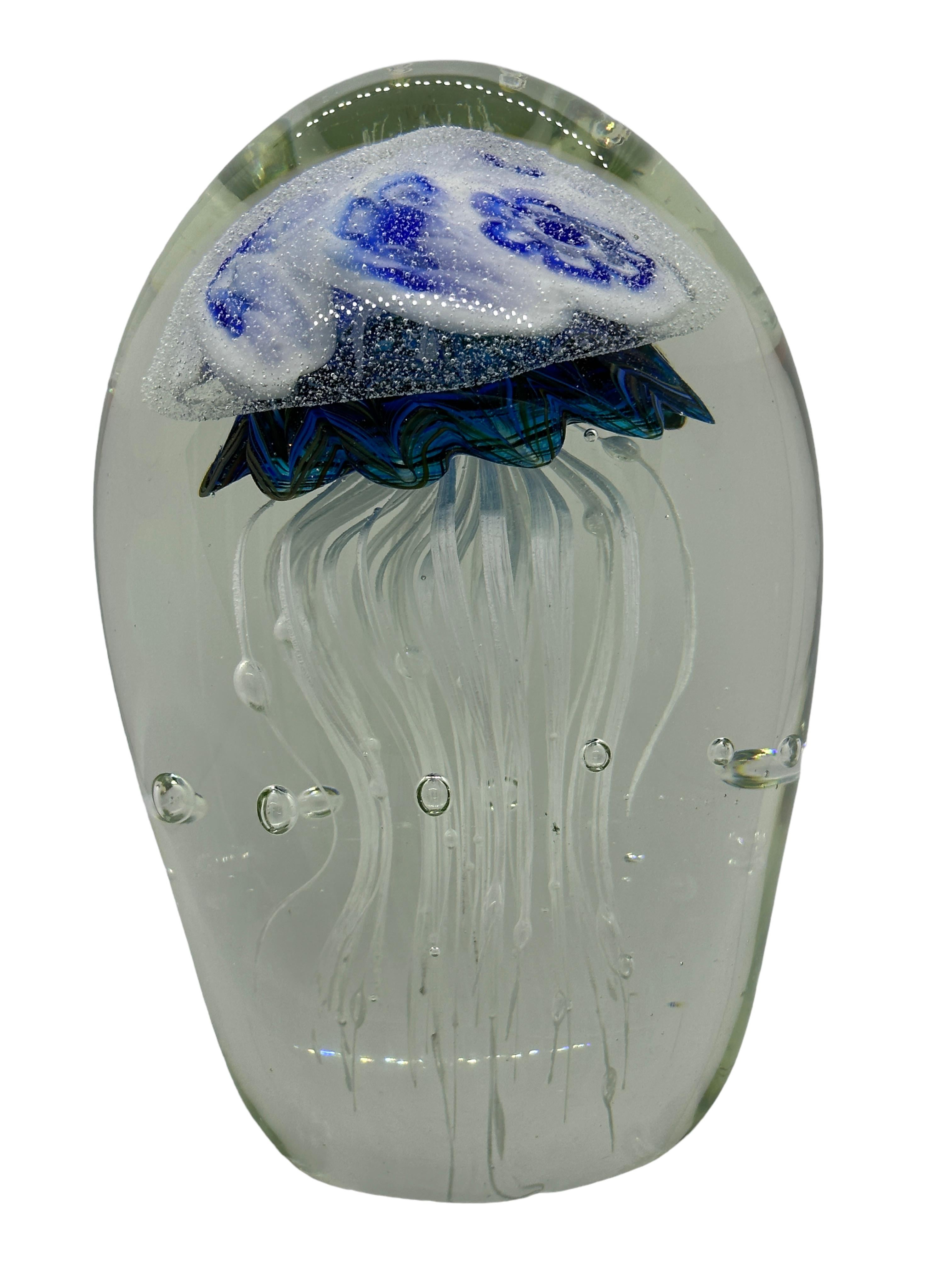 Beautiful stunning large Murano hand blown aquarium design Italian art glass sculpture. Showing a large Jelly Fish inside, in different colors, floating on controlled bubbles. A beautiful nice addition at your table, credenza or side board.