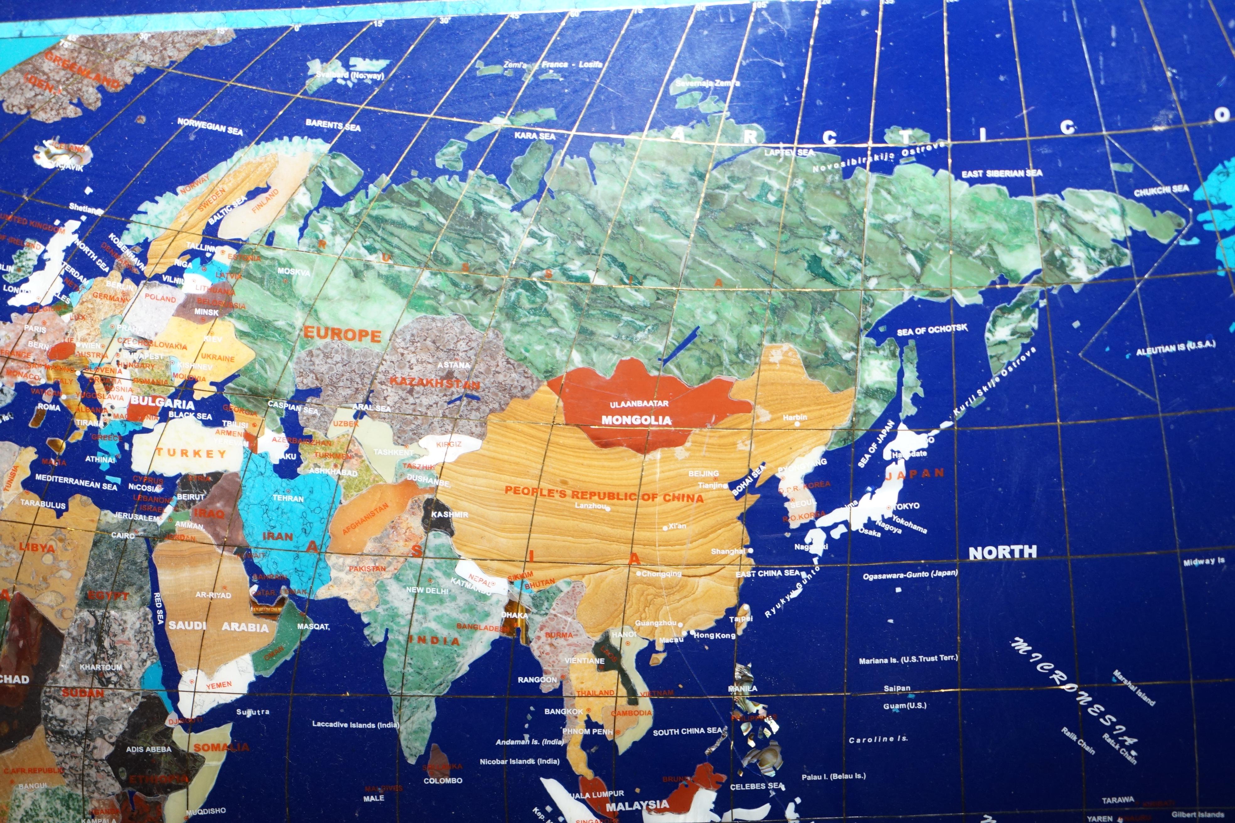 English Stunning Large Lapis Lazuli Prescious Stones World Map with Time Zone Clocks