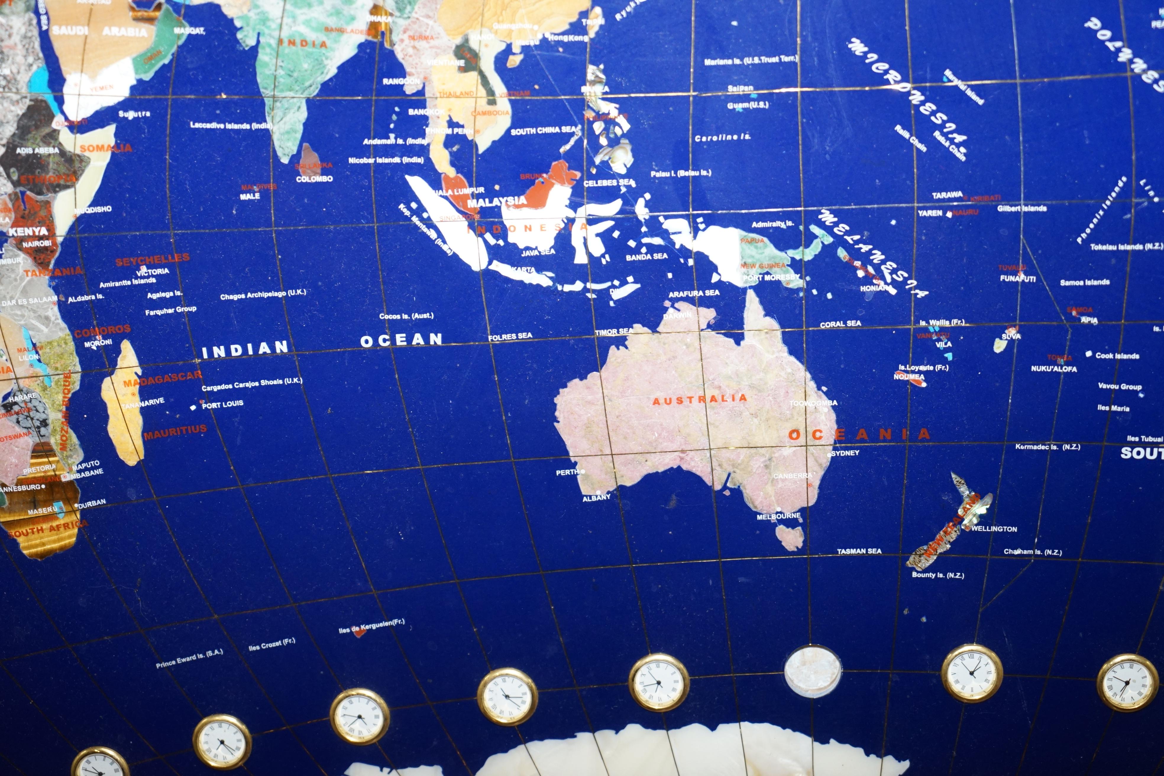 Hand-Crafted Stunning Large Lapis Lazuli Prescious Stones World Map with Time Zone Clocks
