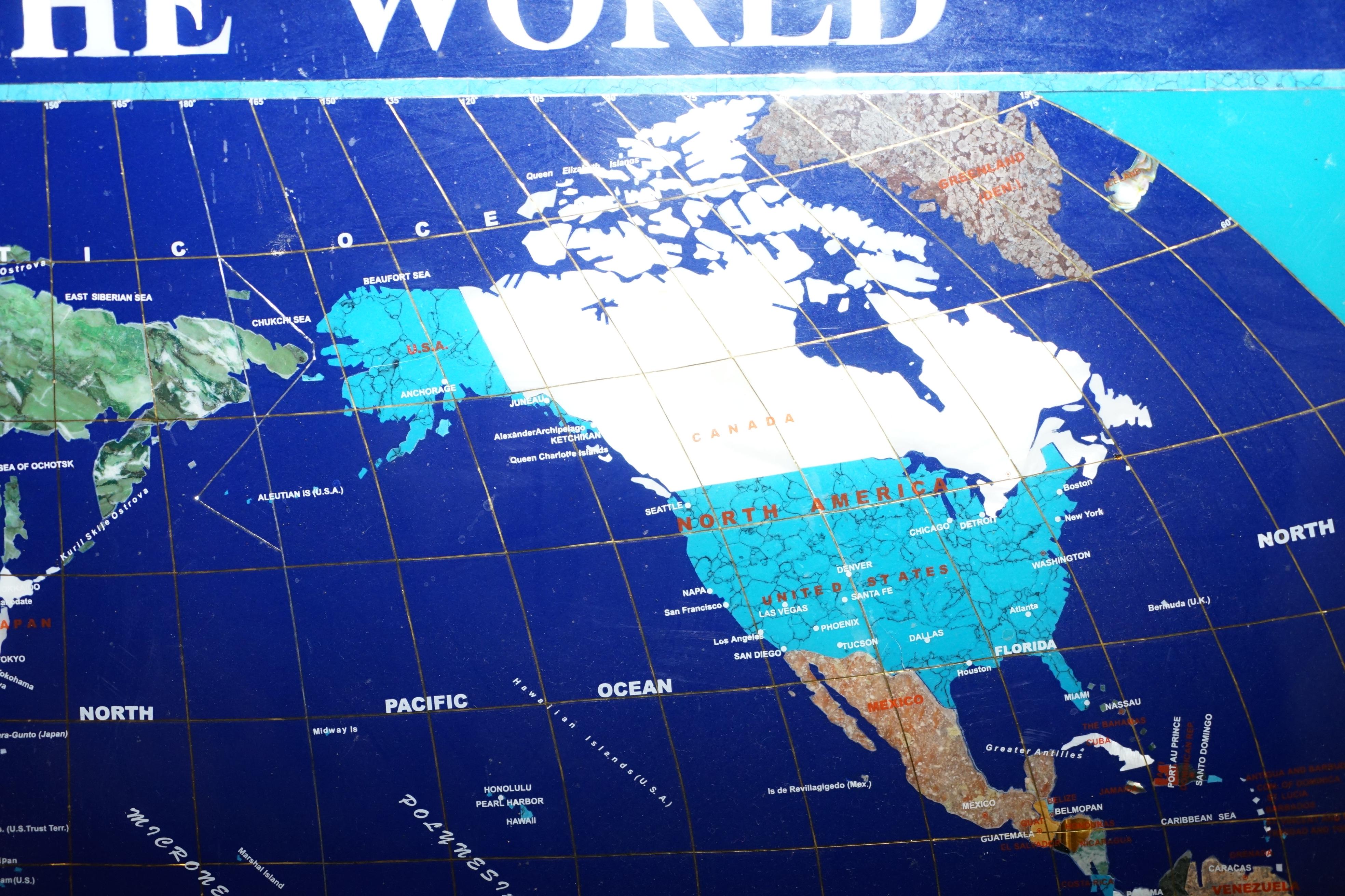 Stunning Large Lapis Lazuli Prescious Stones World Map with Time Zone Clocks In Good Condition In West Sussex, Pulborough