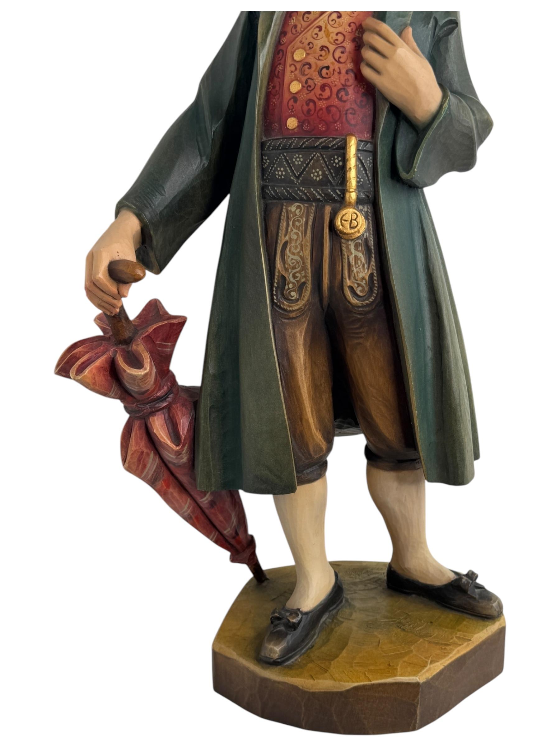 Wood Stunning Large Man in Tyrollean traditional Costume Vintage Anri Carving For Sale