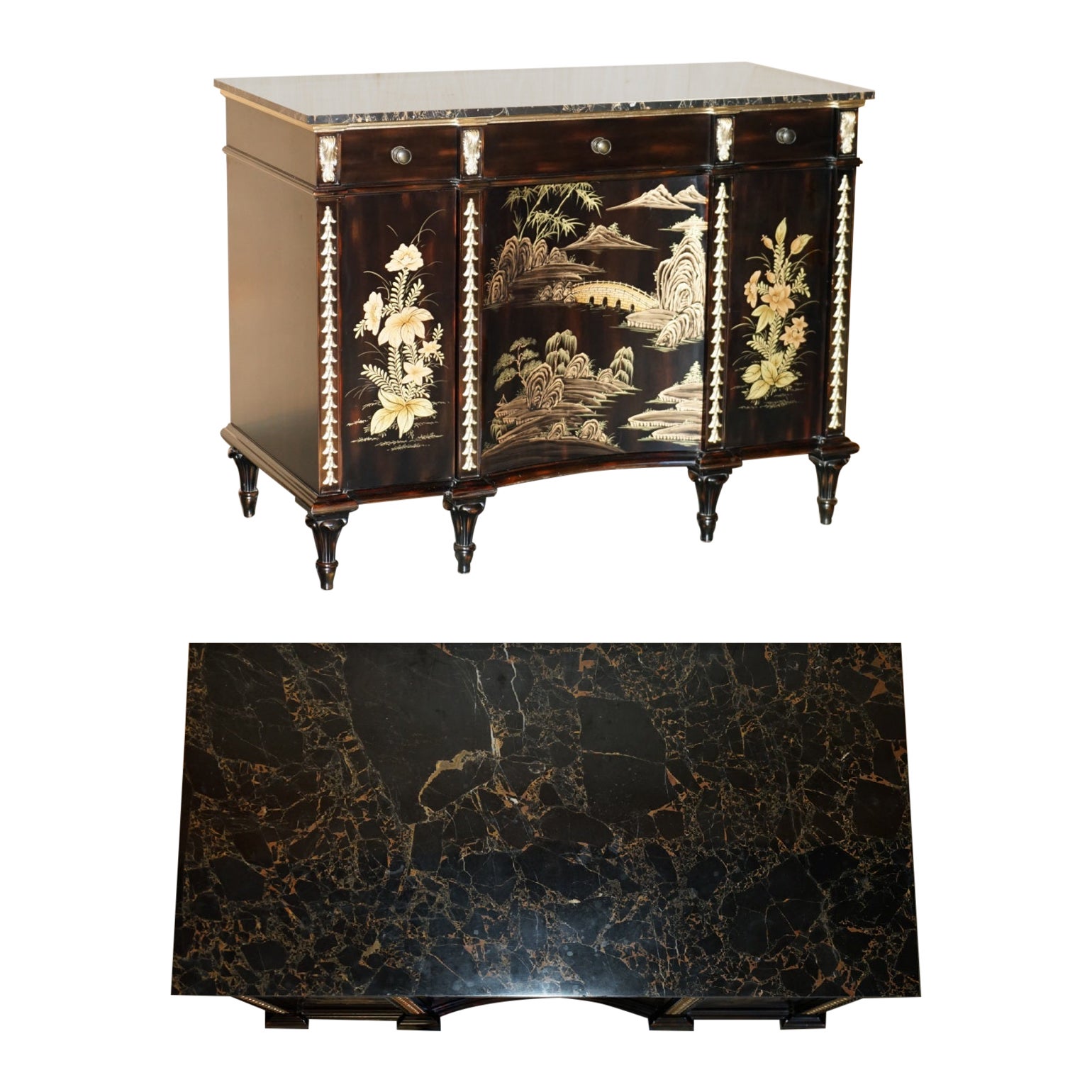 STUNNiNG LARGE MARBLE TOPPED CHINESE CHINOISERIE SIDEBOARD WITH SPACE FOR FRIDGE For Sale