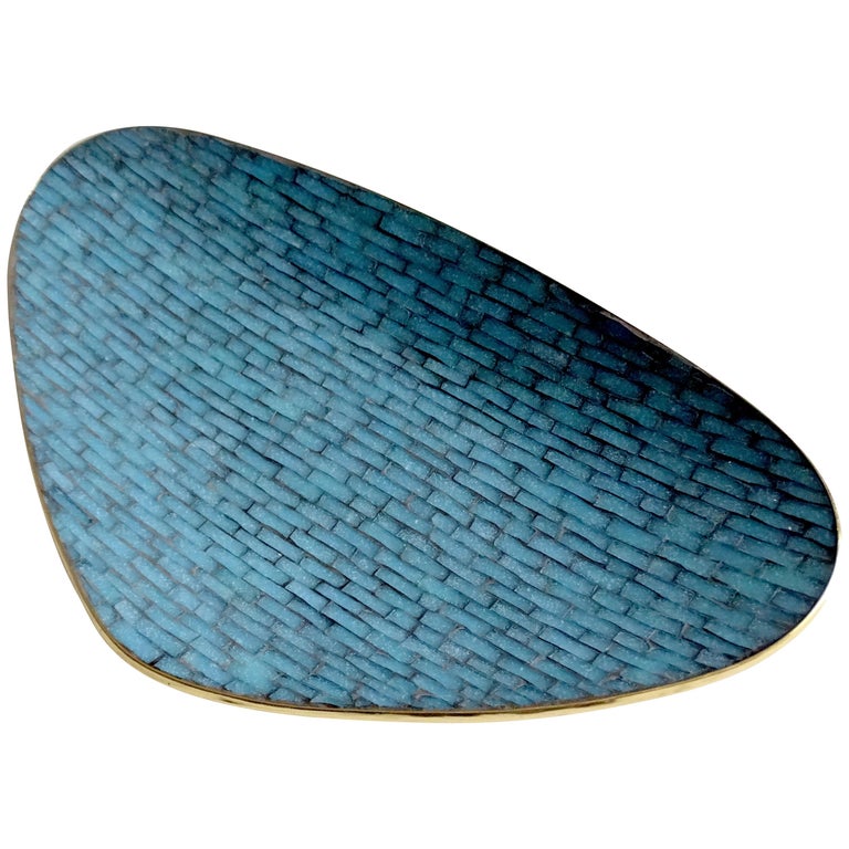 Stunning Large Midcentury Asymmetric Turquoise Enamel Mosaic & Brass Bowl, 1960 1