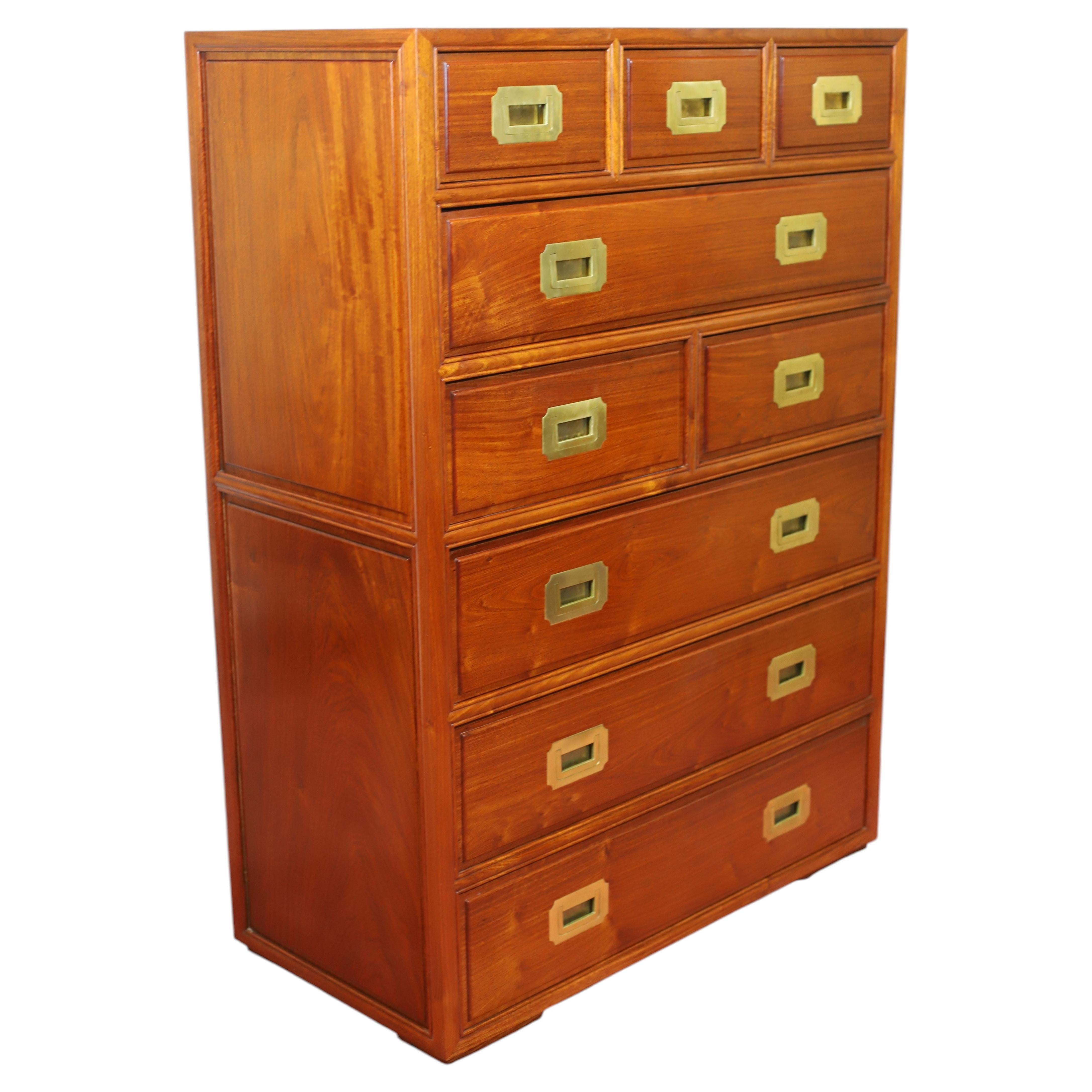 Stunning Large Midcentury Military Campaign Style Chest Of Drawers For Sale