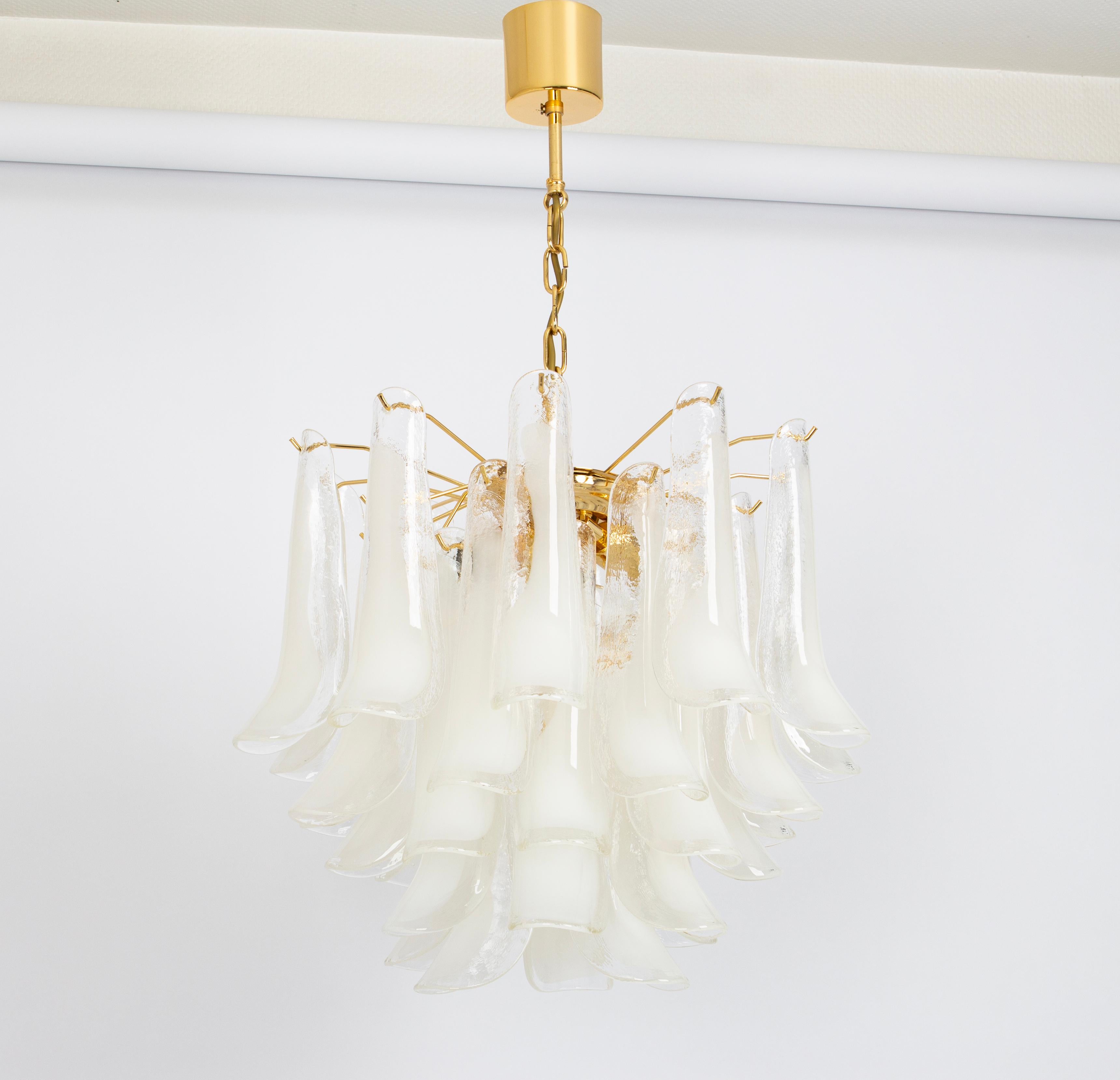 Uno splendido lampadario a petali in vetro di Murano nello stile di  Mazzega, Italia, prodotto negli anni '80.
Il lampadario è composto da molti elementi in vetro spesso e testurizzato attaccati a una struttura in ottone.

Alta qualità, ottime