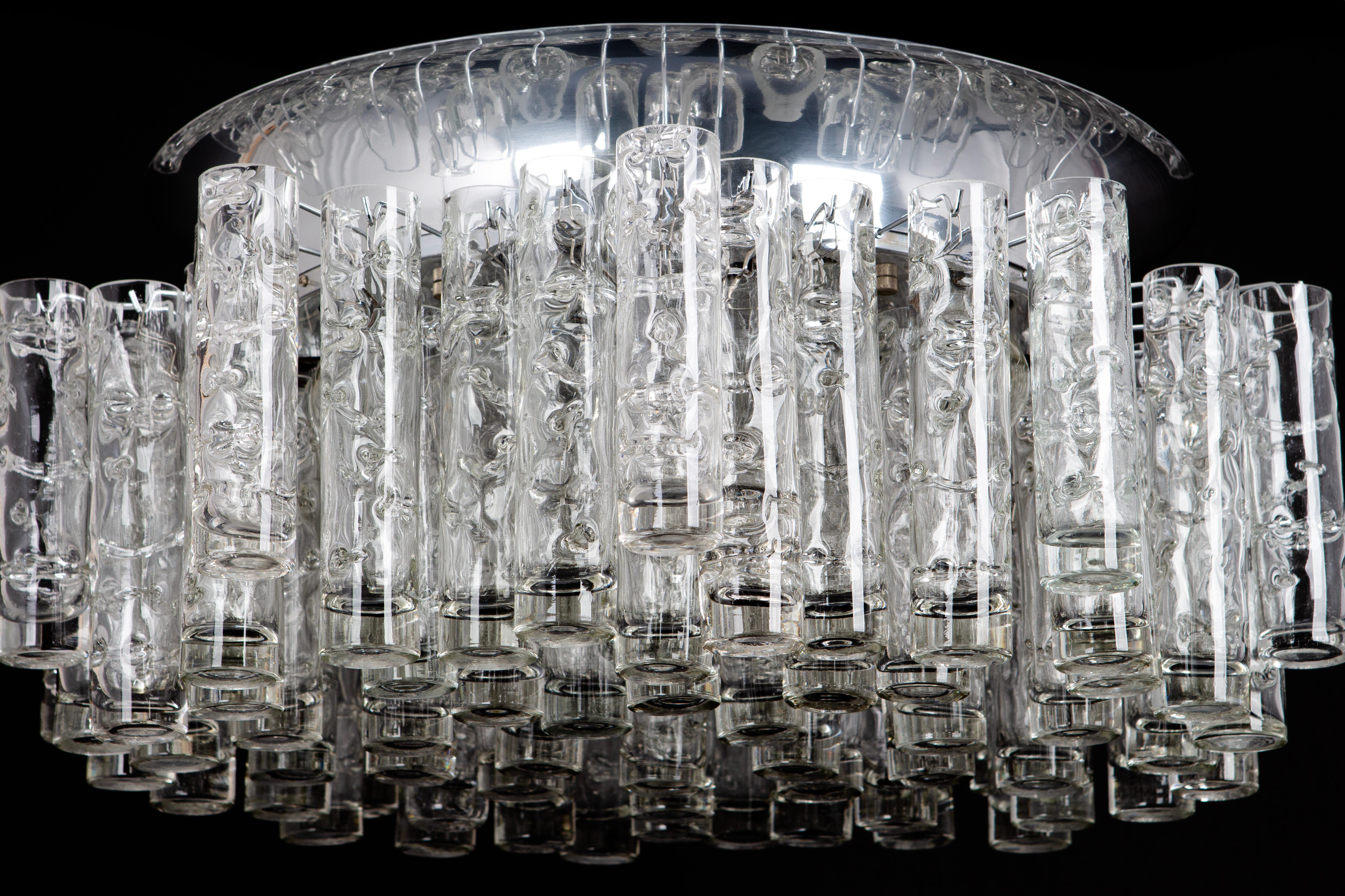 Stunning Large Murano Glass Tubes Flushmount Chrome by Doria, Germany, 1960s For Sale 1