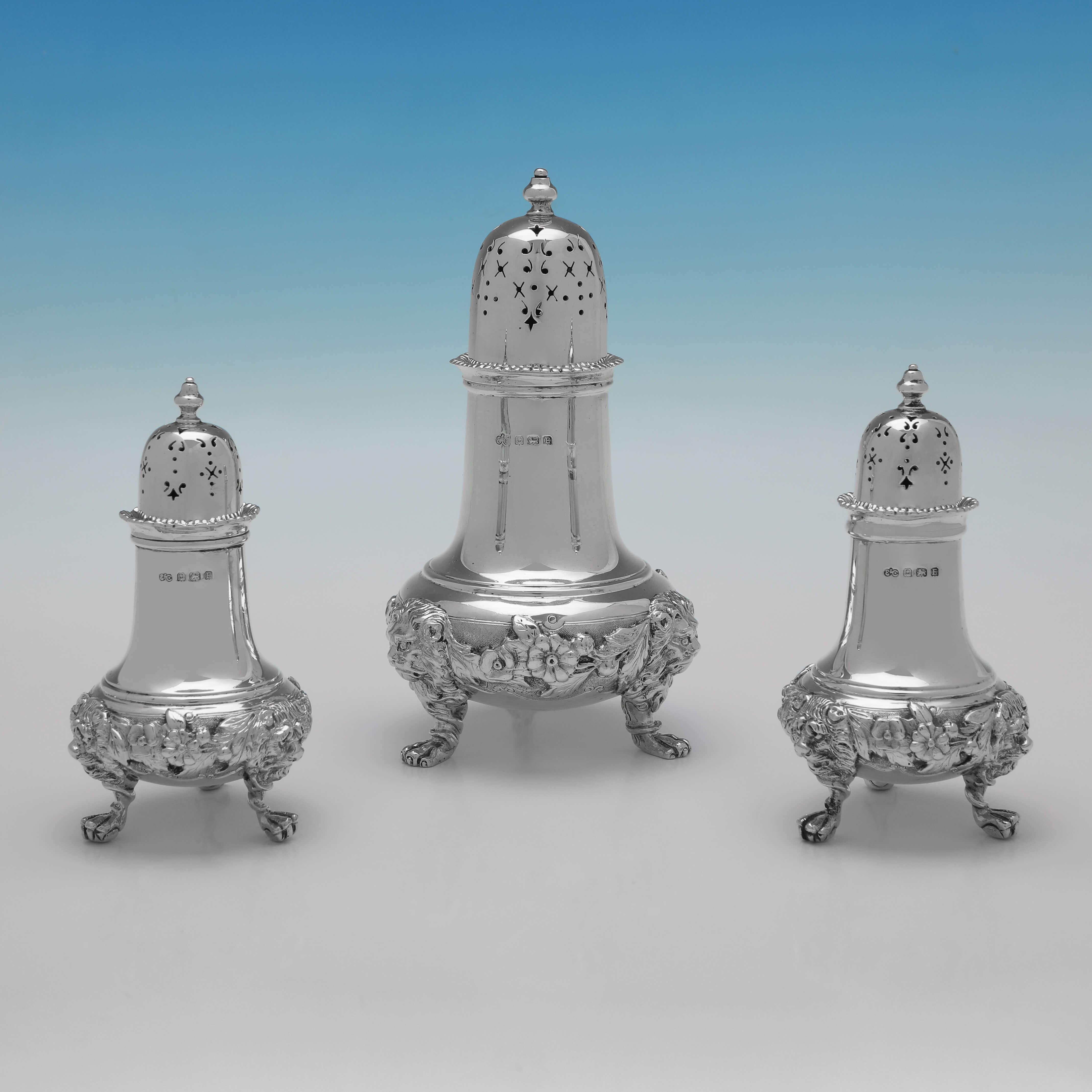 Rococo Stunning Large & Ornate Sterling Silver Condiment Set, Boxed, Elkington 1929 For Sale