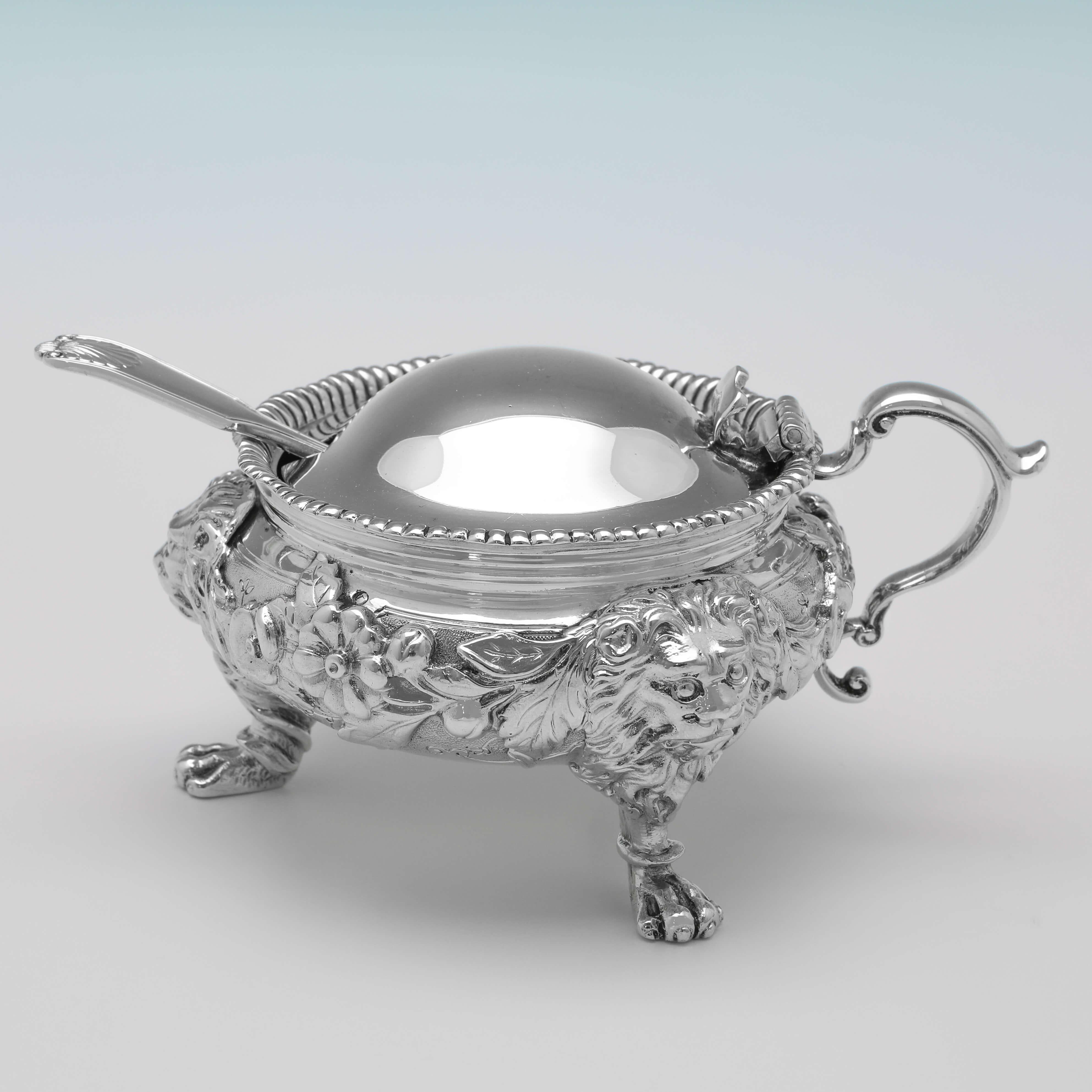 English Stunning Large & Ornate Sterling Silver Condiment Set, Boxed, Elkington 1929 For Sale