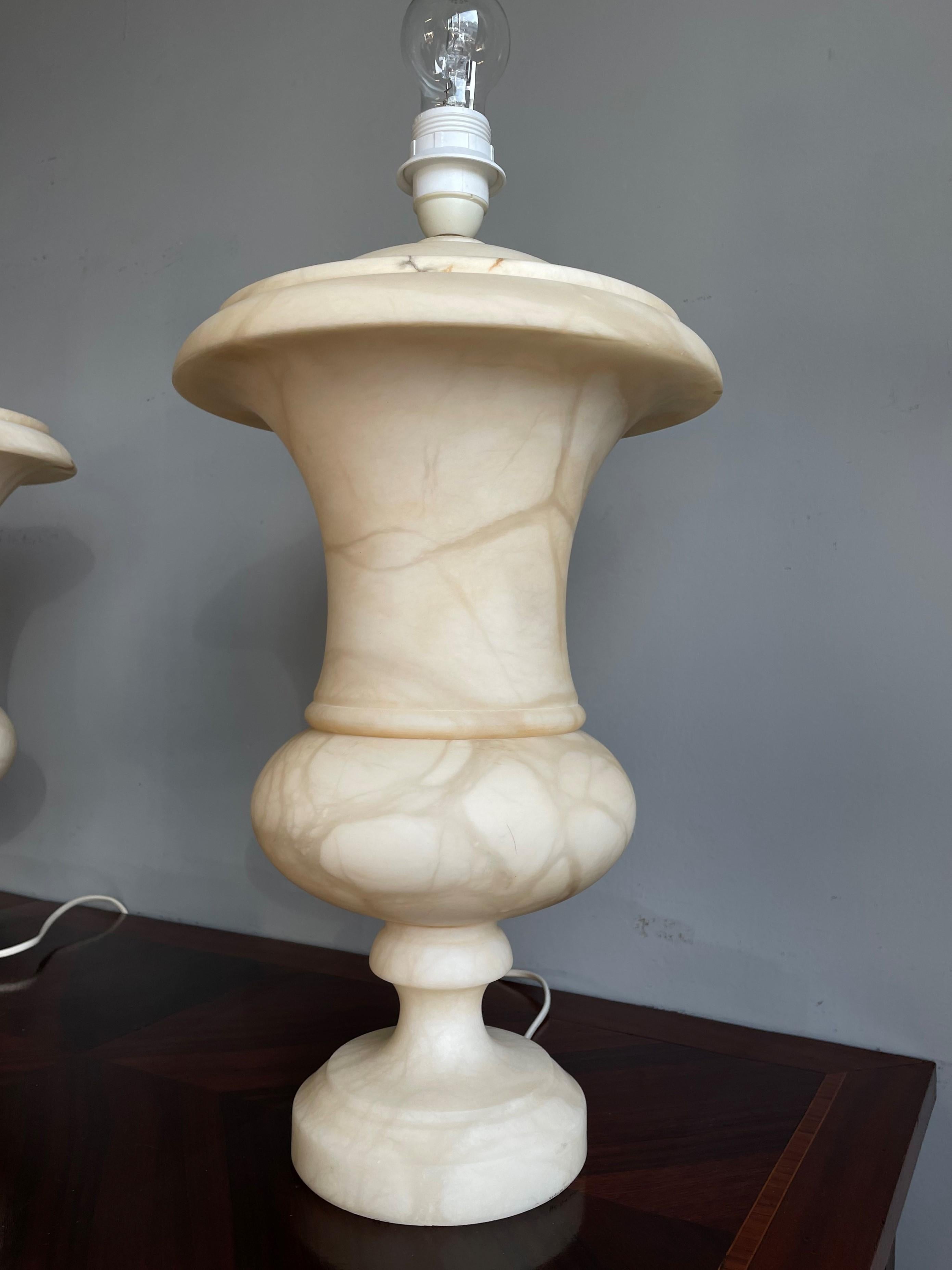 Stunning & Large Pair of Hand Carved Alabaster Urn Design Table lamps 1960-1970s 3