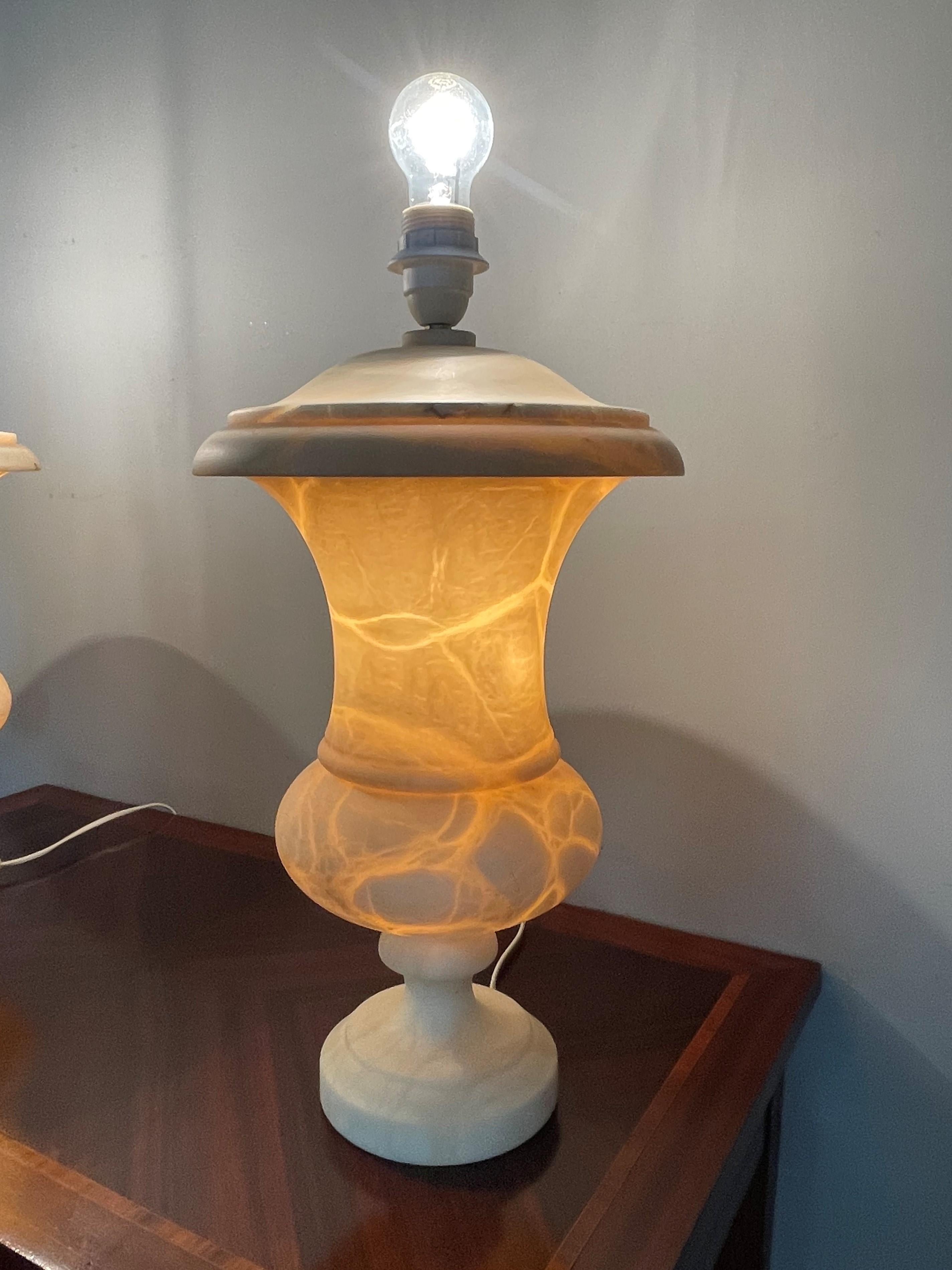 Stunning & Large Pair of Hand Carved Alabaster Urn Design Table lamps 1960-1970s 8