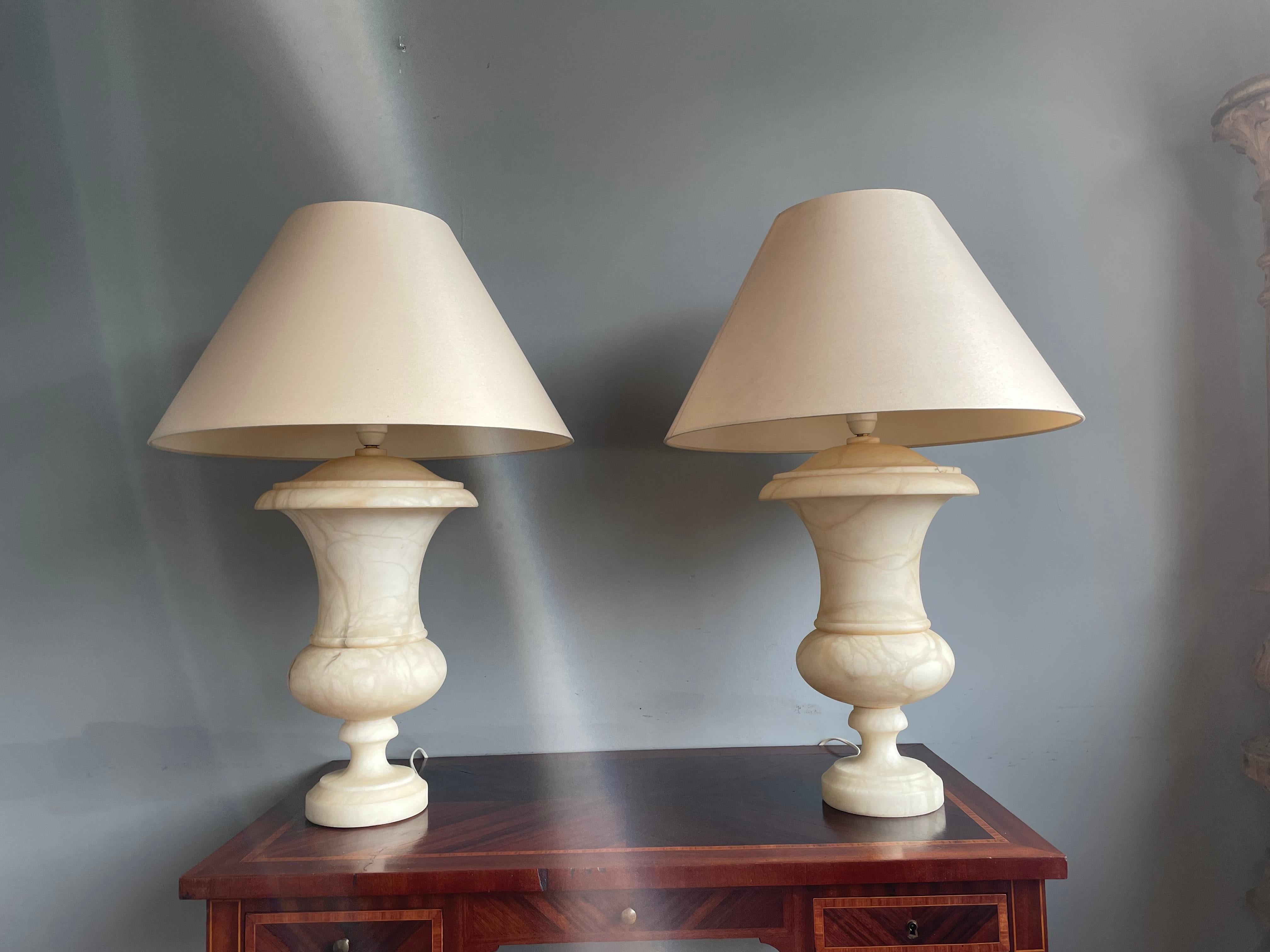 Stunning & Large Pair of Hand Carved Alabaster Urn Design Table lamps 1960-1970s 11