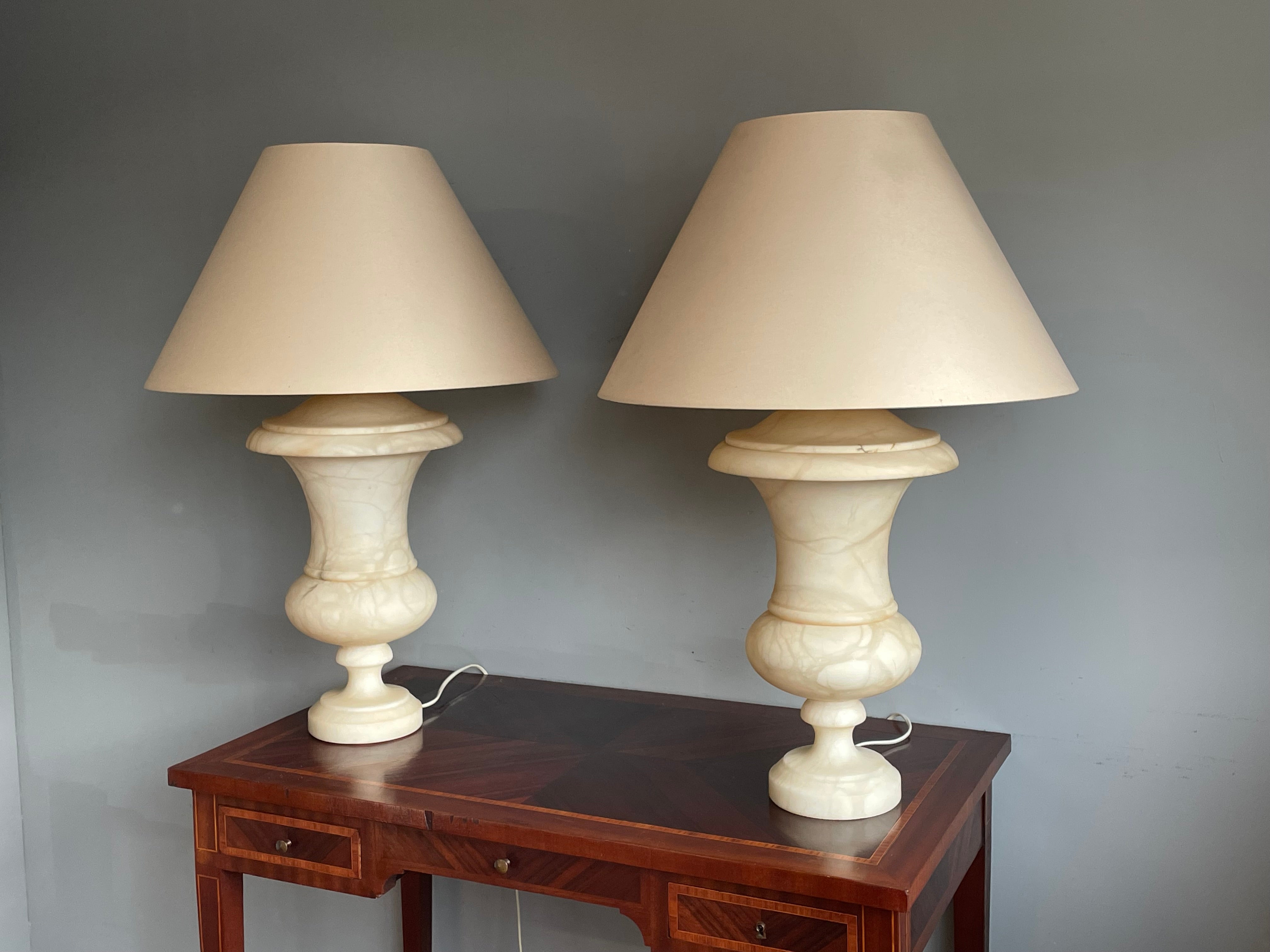 Neoclassical Stunning & Large Pair of Hand Carved Alabaster Urn Design Table lamps 1960-1970s