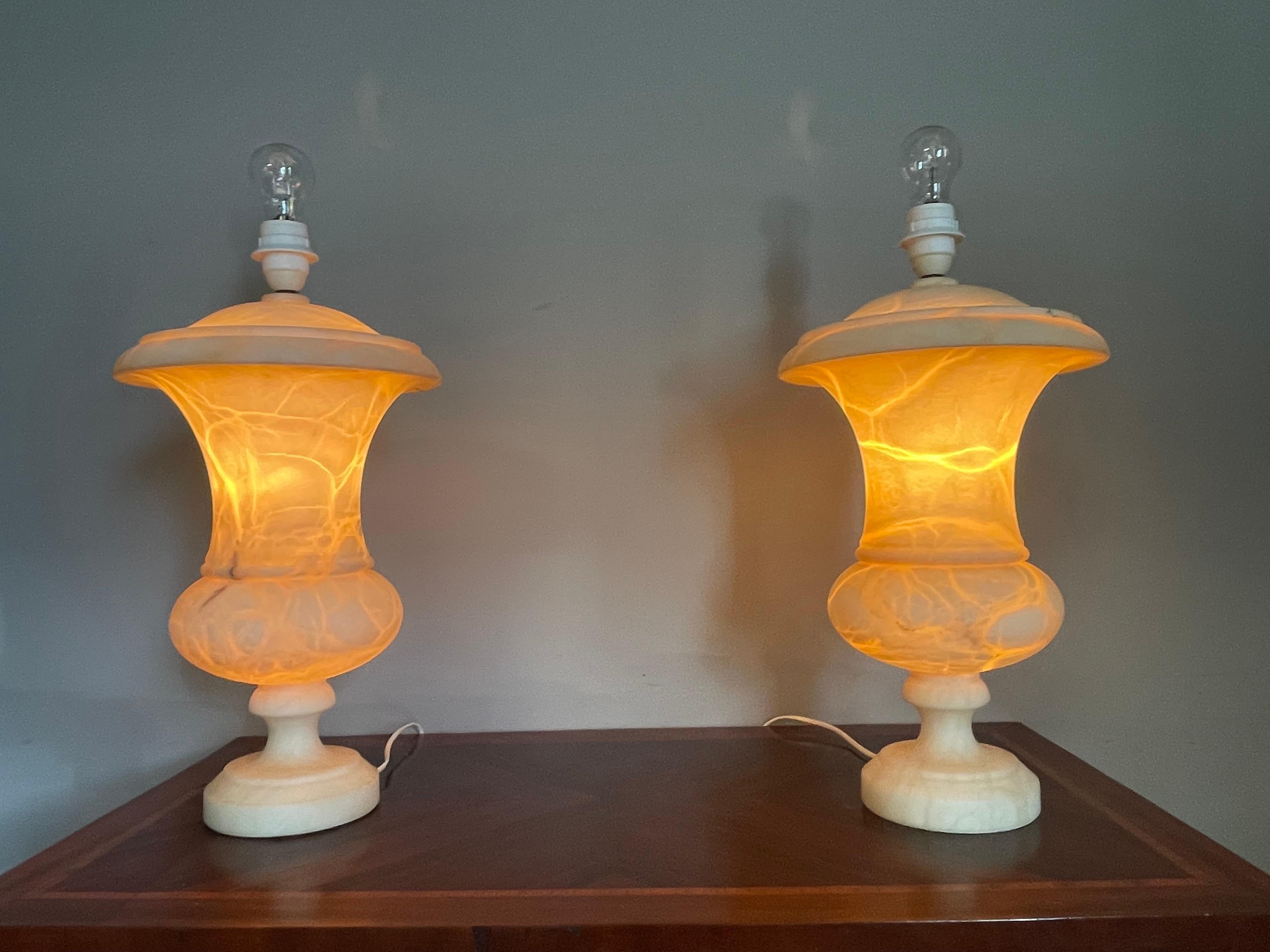 Italian Stunning & Large Pair of Hand Carved Alabaster Urn Design Table lamps 1960-1970s