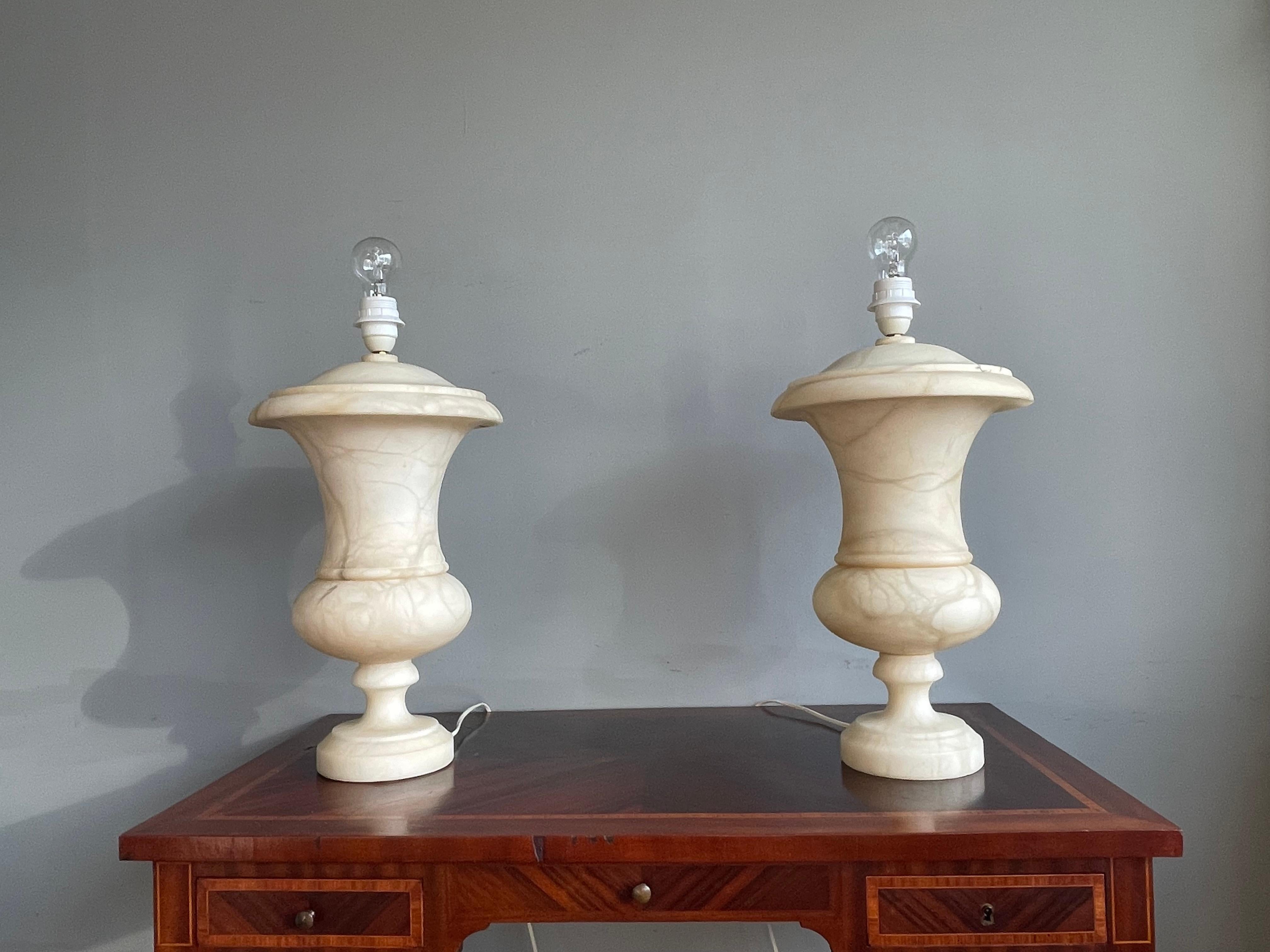 Hand-Crafted Stunning & Large Pair of Hand Carved Alabaster Urn Design Table lamps 1960-1970s