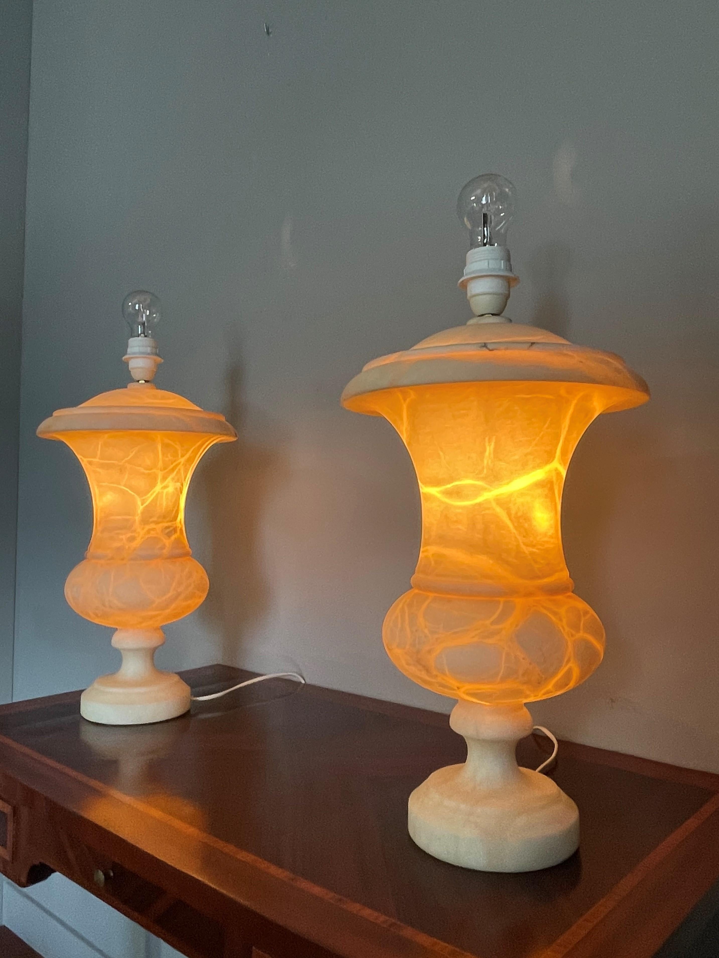 Stunning & Large Pair of Hand Carved Alabaster Urn Design Table lamps 1960-1970s In Excellent Condition In Lisse, NL