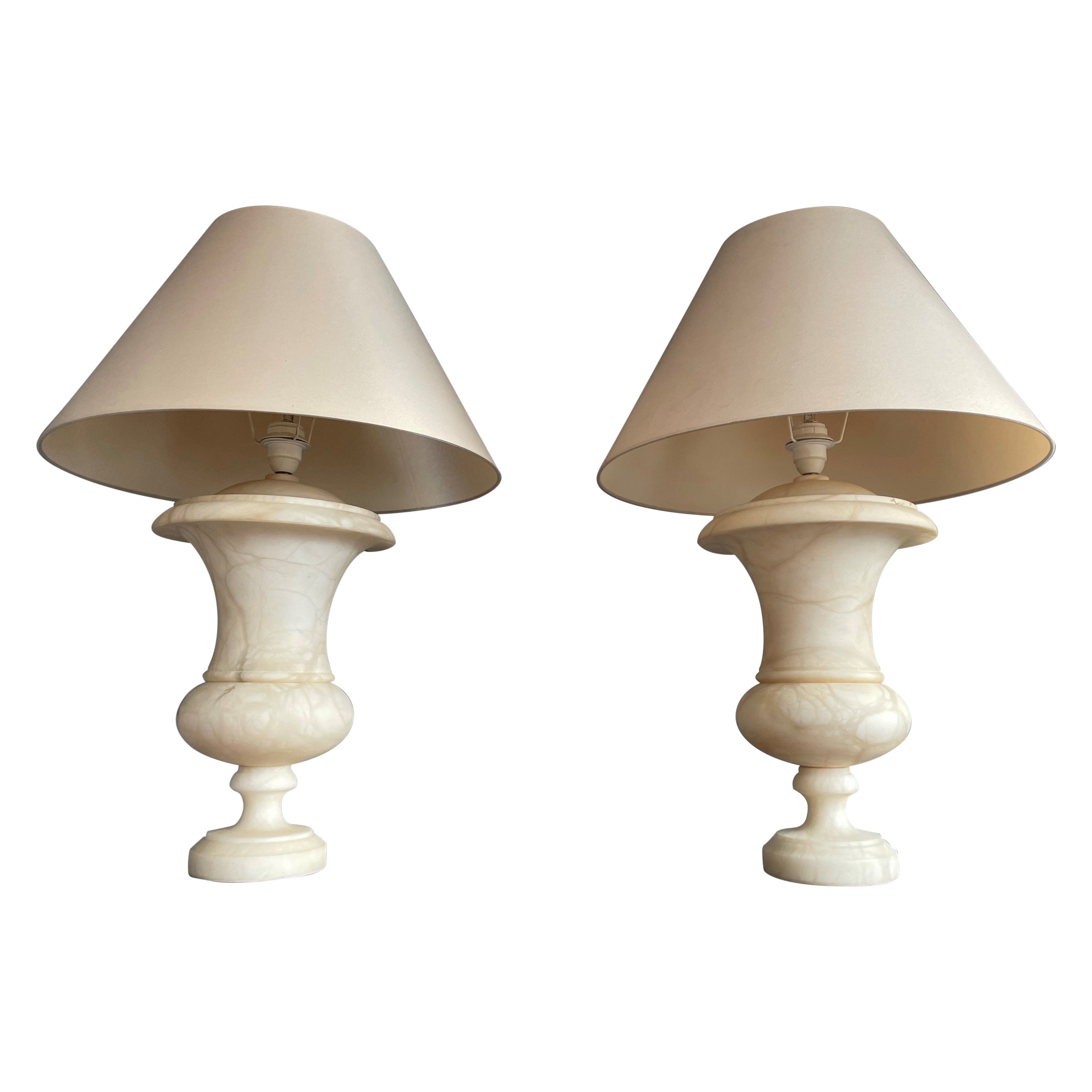 Stunning 
Large Pair of Hand Carved Alabaster Urn Design Table lamps 1960-1970s