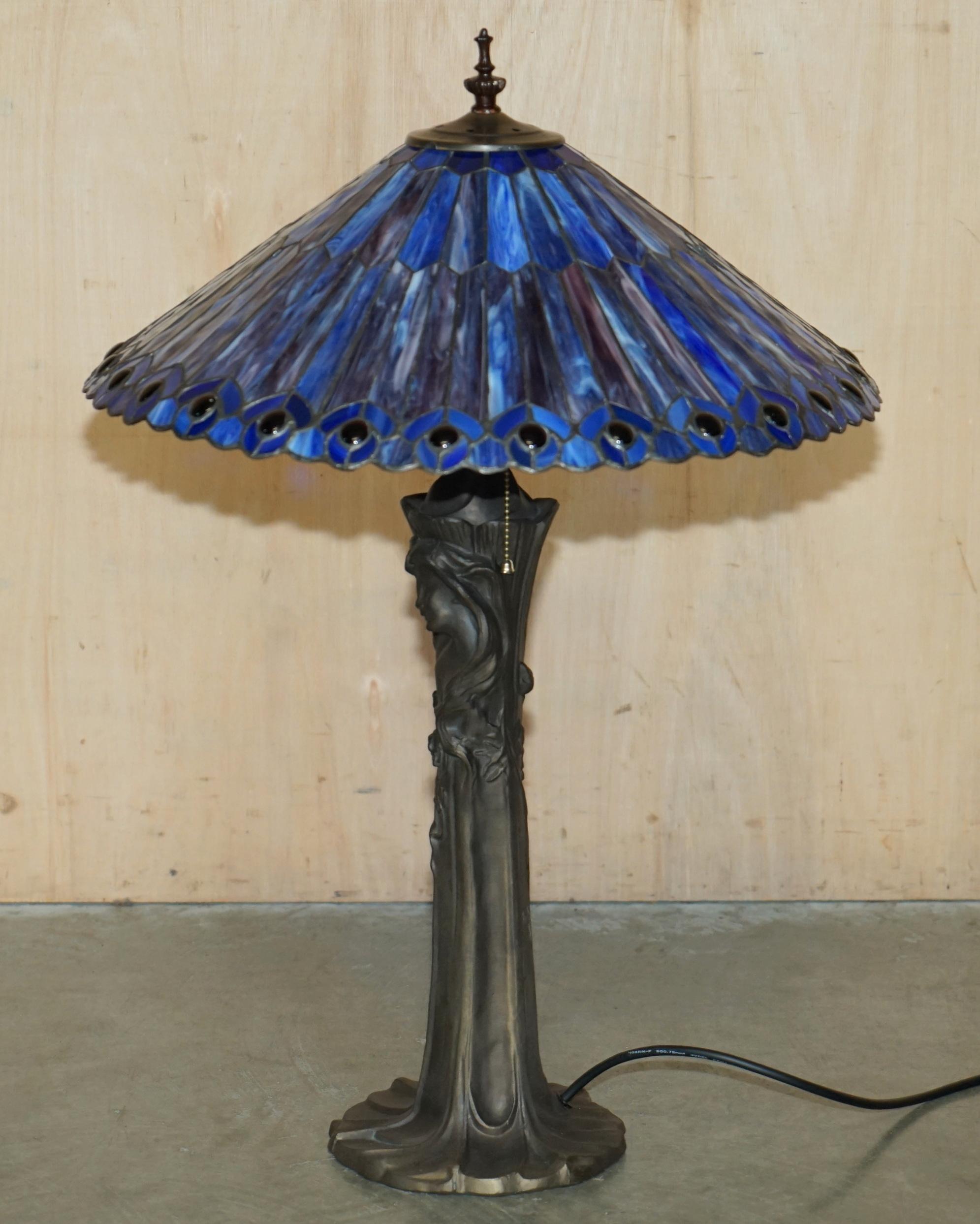 STUNNING LARGE PAIR OF ViNTAGE BRONZED ART NOUVEAU TABLE LAMPS SUBLIME SHADES 4
