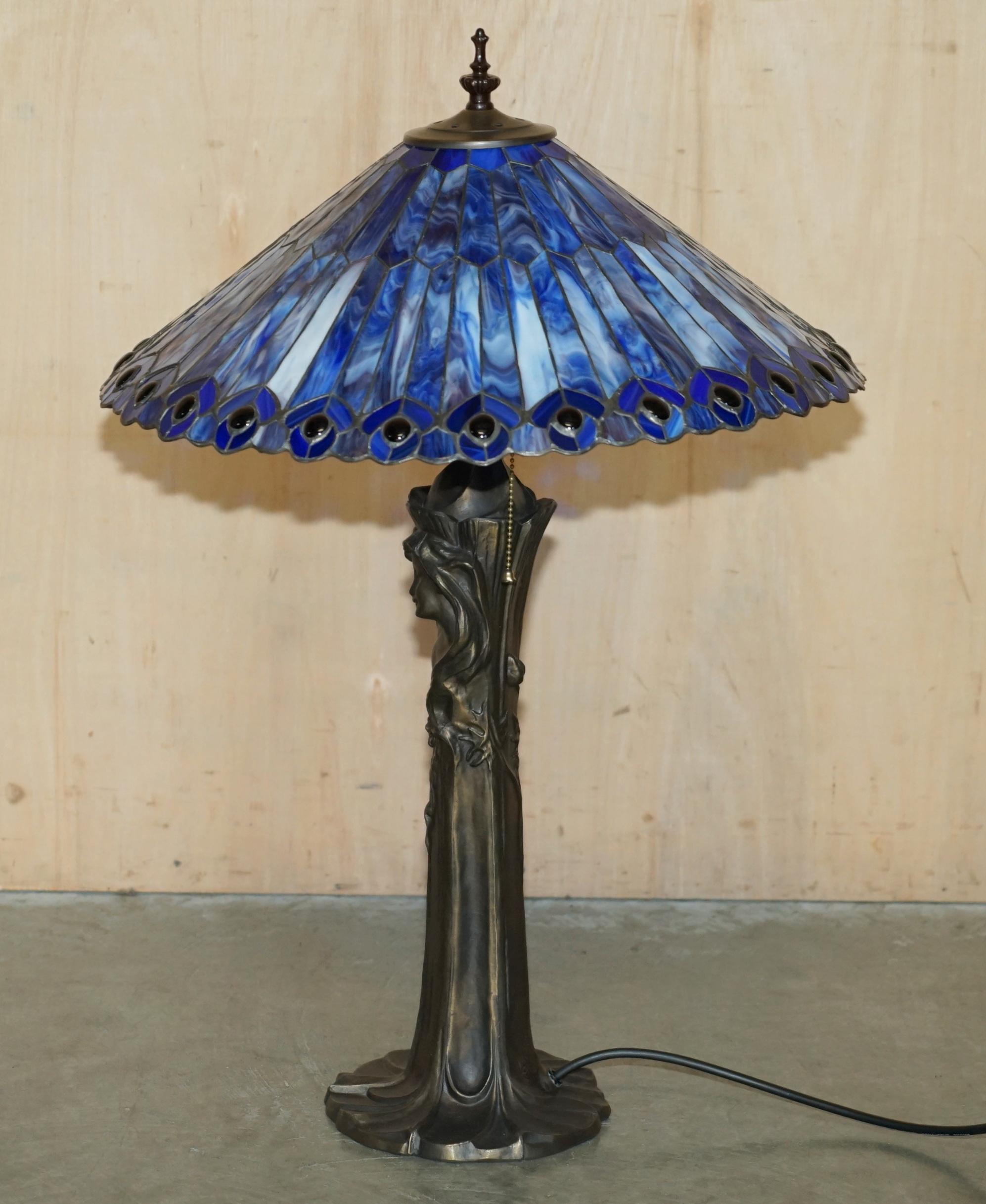 STUNNING LARGE PAIR OF ViNTAGE BRONZED ART NOUVEAU TABLE LAMPS SUBLIME SHADES 11