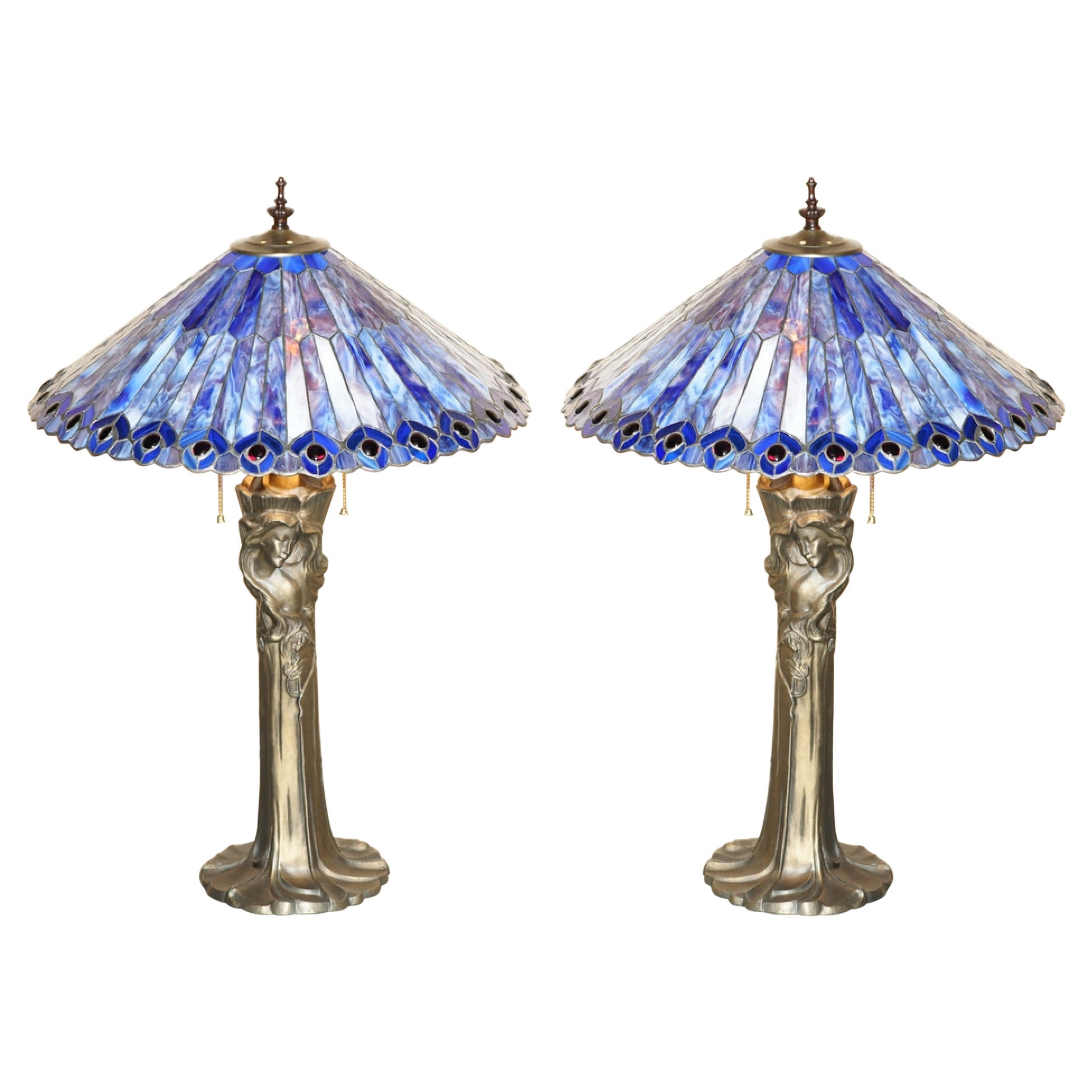 STUNNING LARGE PAIR OF ViNTAGE BRONZED ART NOUVEAU TABLE LAMPS SUBLIME SHADES