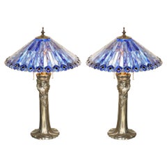 STUNNING LARGE PAIR OF ViNTAGE BRONZED ART NOUVEAU TABLE LAMPS SUBLIME SHADES