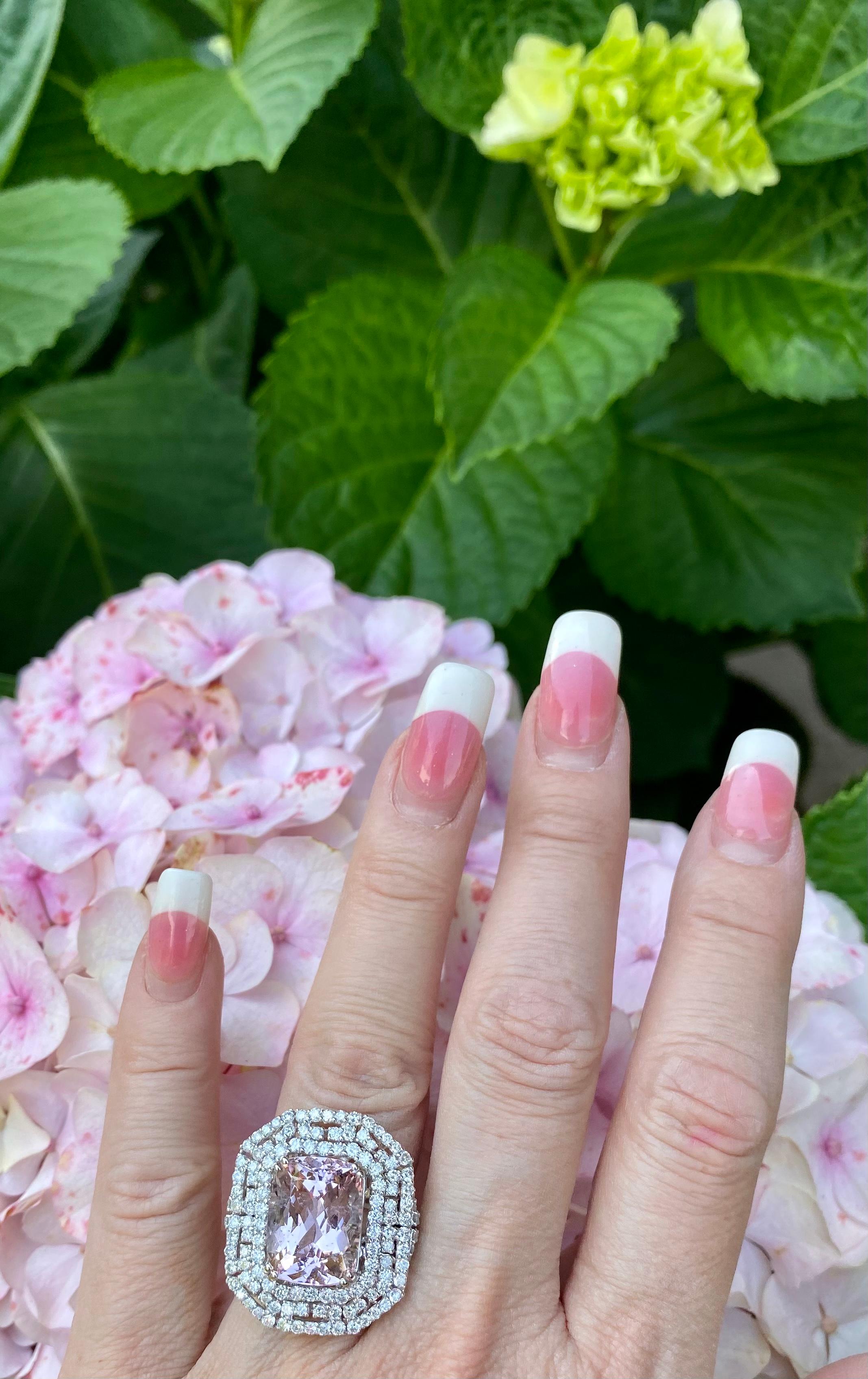 Contemporary Stunning Large Pink Morganite and Diamond Ring in 18 Karat White Gold