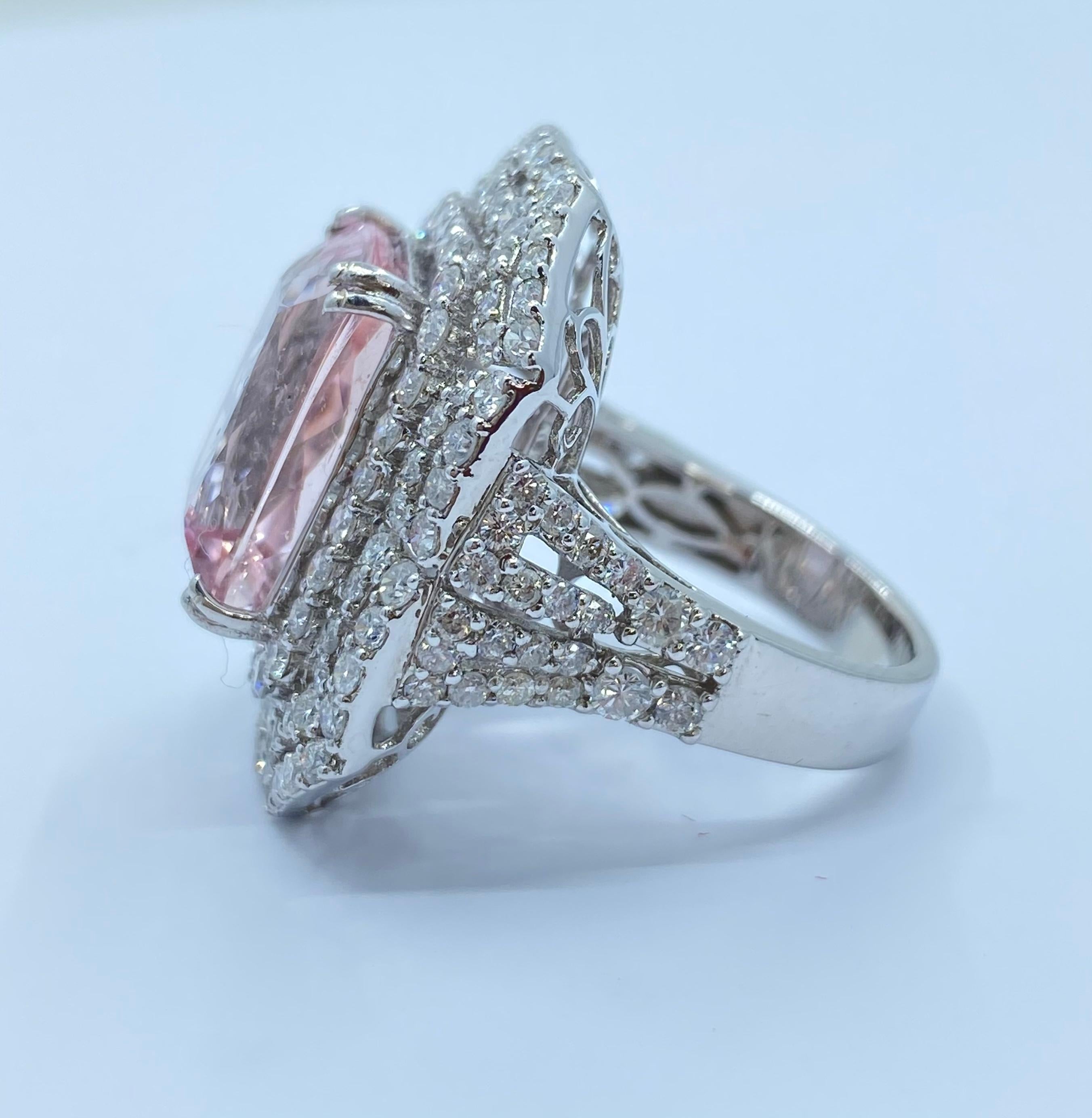 Radiant Cut Stunning Large Pink Morganite and Diamond Ring in 18 Karat White Gold
