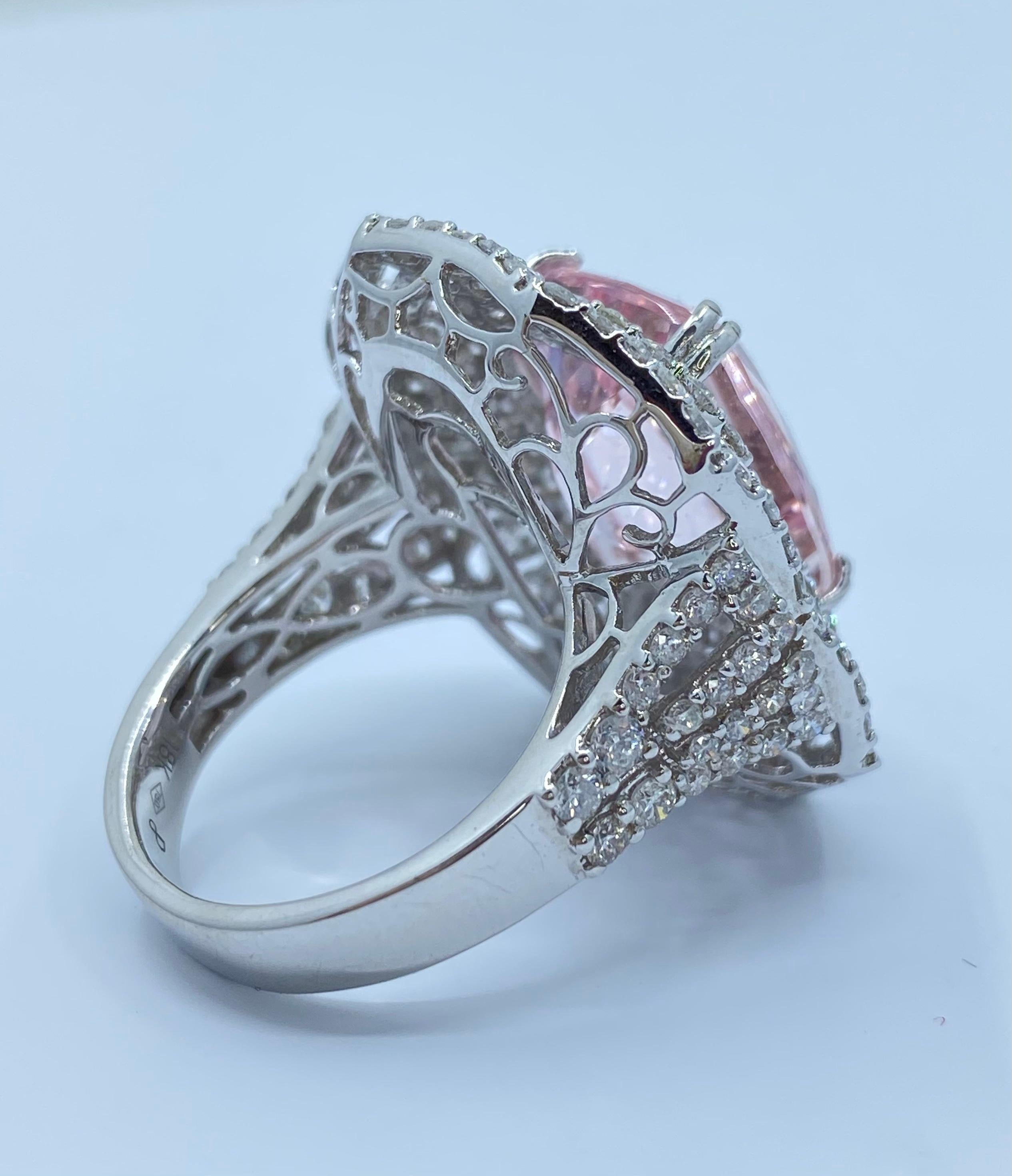 Women's Stunning Large Pink Morganite and Diamond Ring in 18 Karat White Gold