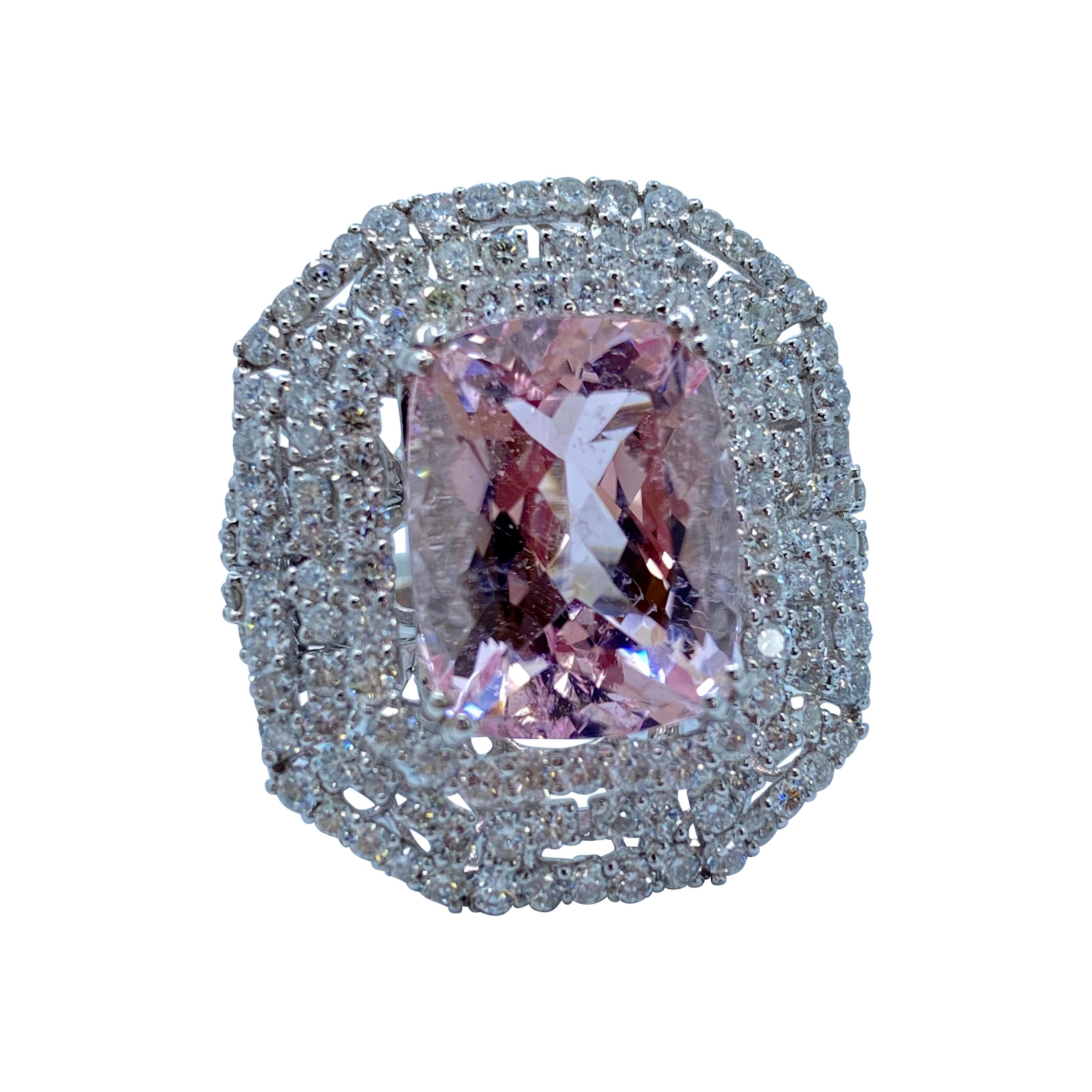 Stunning Large Pink Morganite and Diamond Ring in 18 Karat White Gold