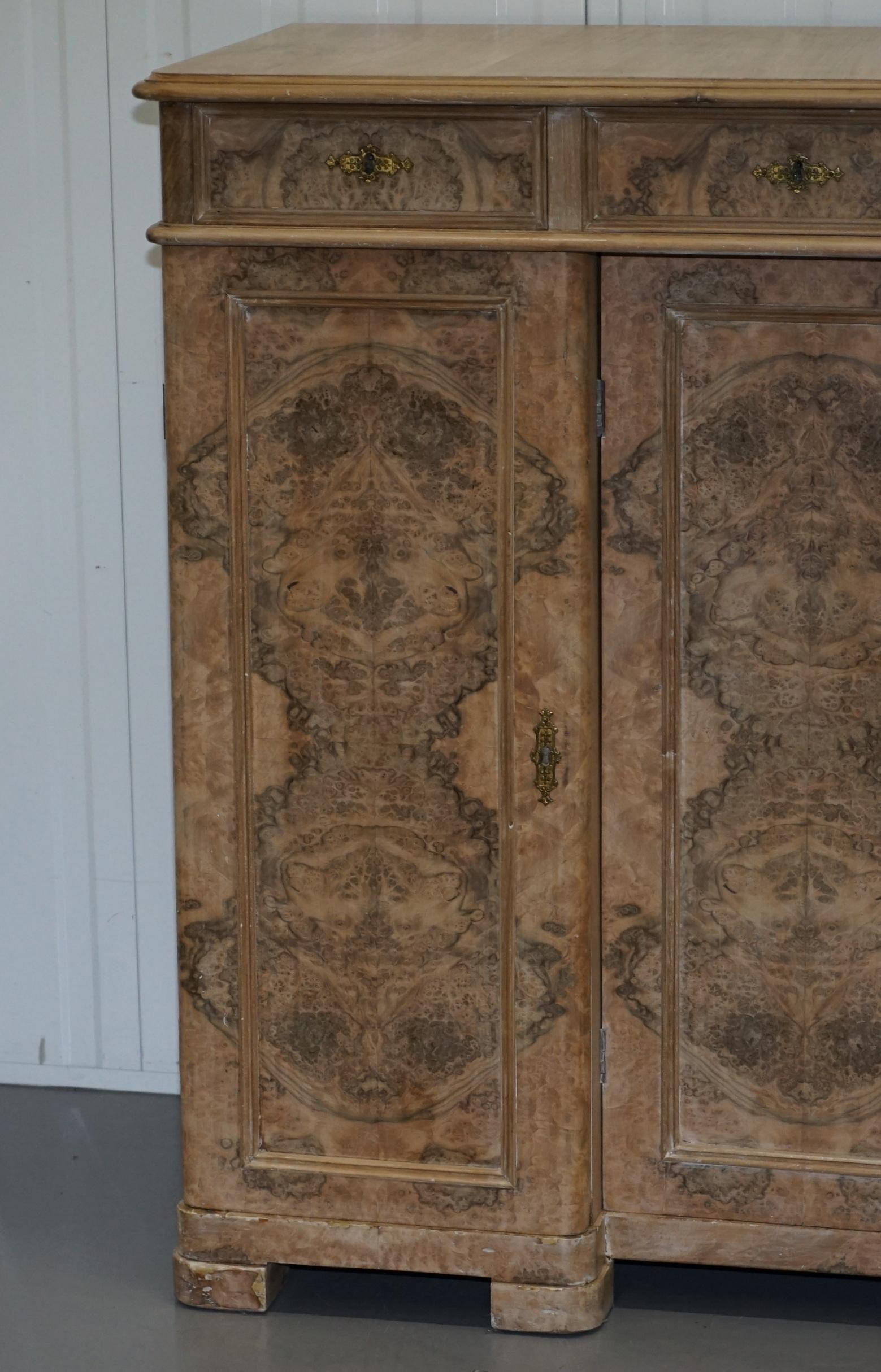 English Stunning Large Quarter Cut Walnut Sideboard with Drawers Cabinet Bookcase Burr