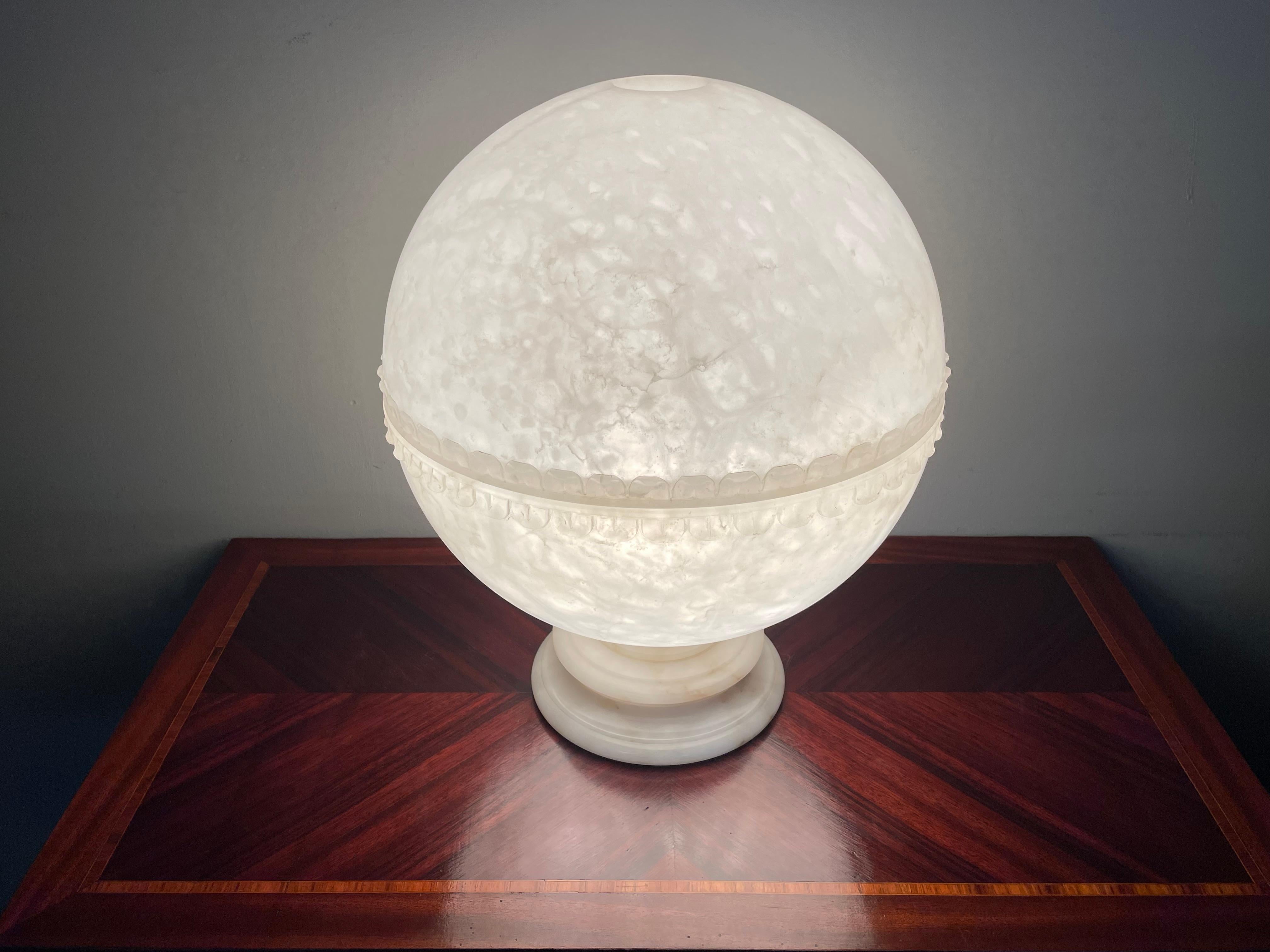 Hand-Carved Stunning, Large & Rare Moon-Like Alabaster Art Deco Style Table / Floor Lamp For Sale
