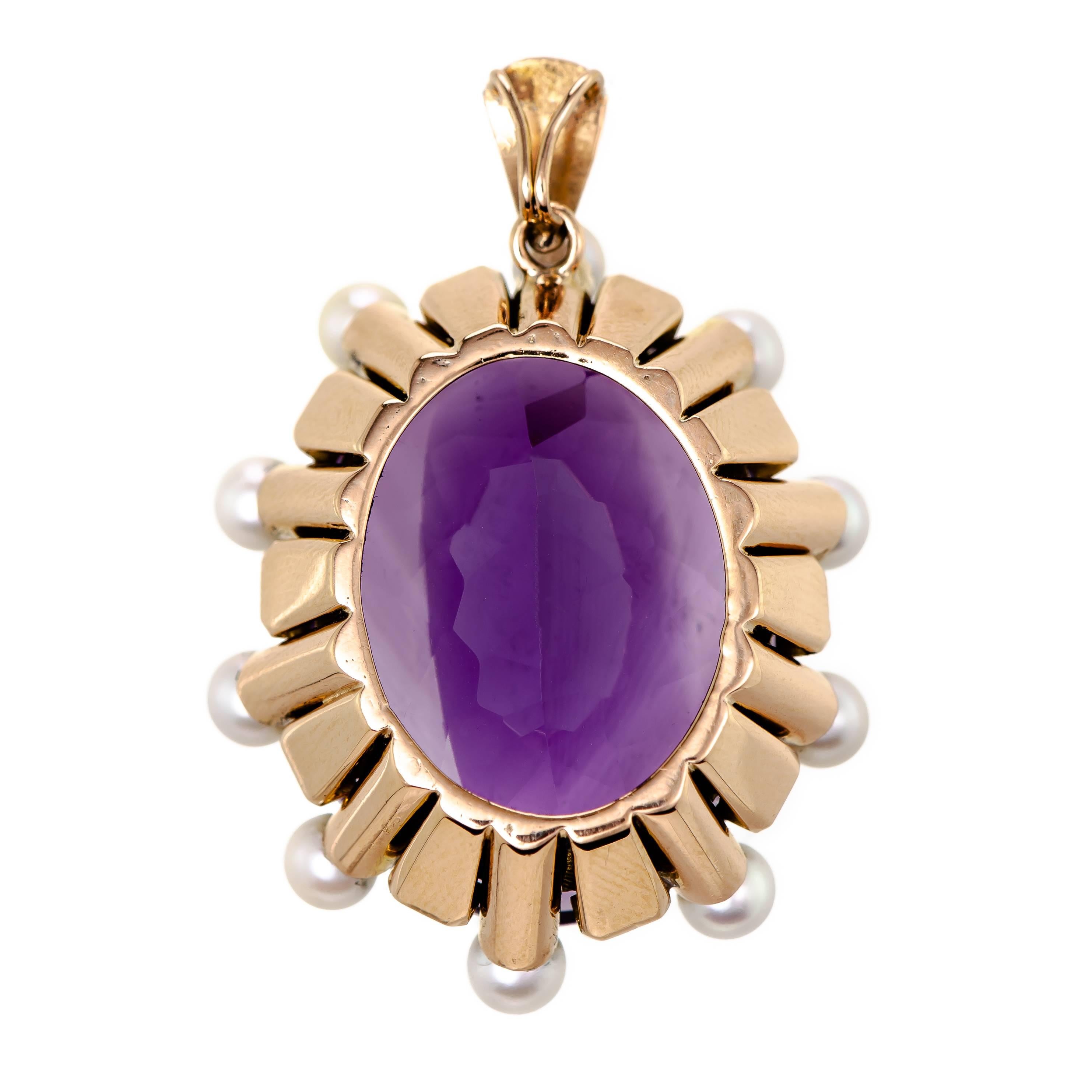 Oval Cut Stunning Large Retro Amethyst and Cultured Pearl 14 Karat Rose Gold Pendant For Sale