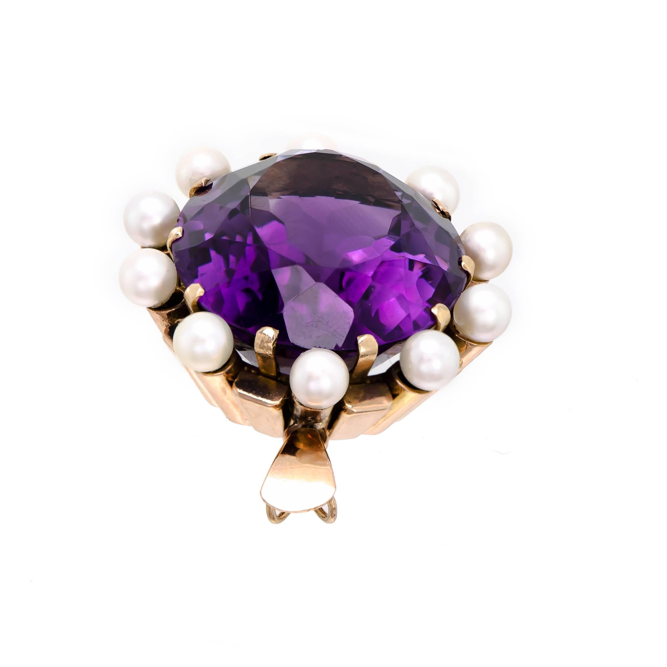 Stunning Large Retro Amethyst and Cultured Pearl 14 Karat Rose Gold Pendant In Excellent Condition For Sale In Lombard, IL